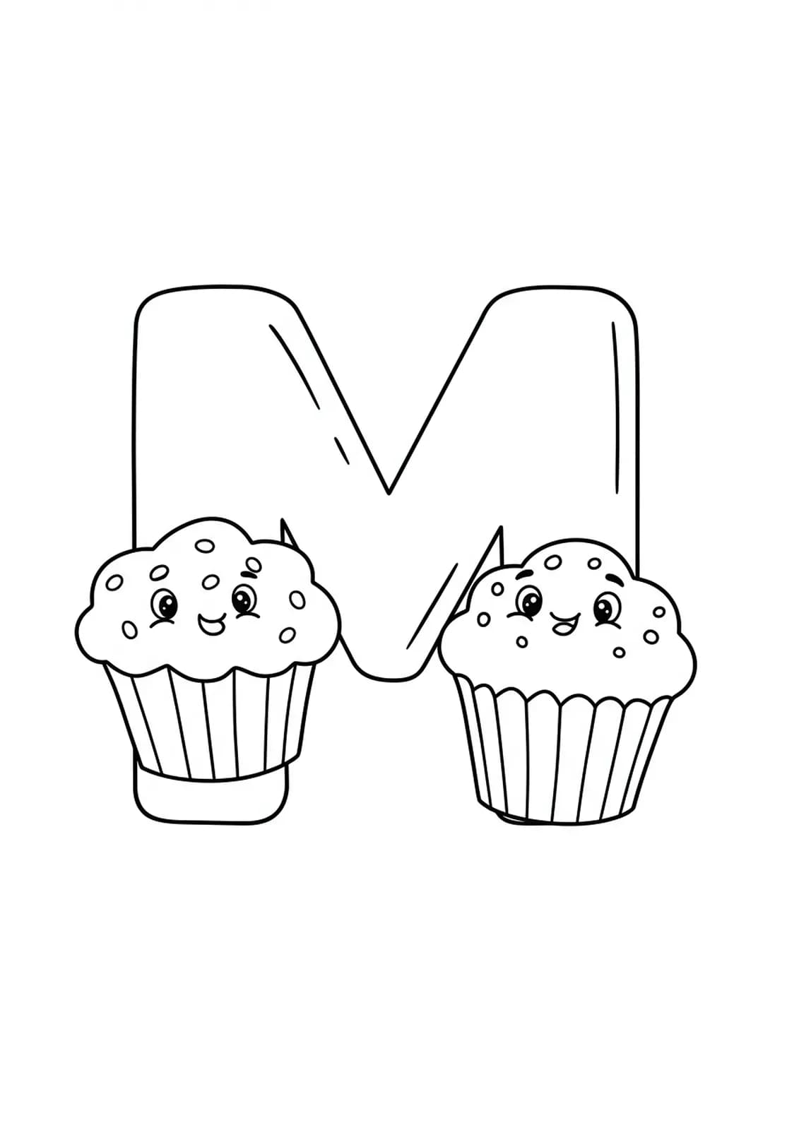 Large letter M with two cartoon muffins, food theme for easy preschool coloring.