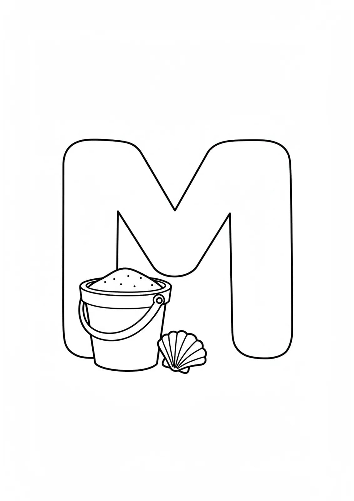 Large letter M with a sand bucket and seashell, summer and beach themed for preschoolers.
