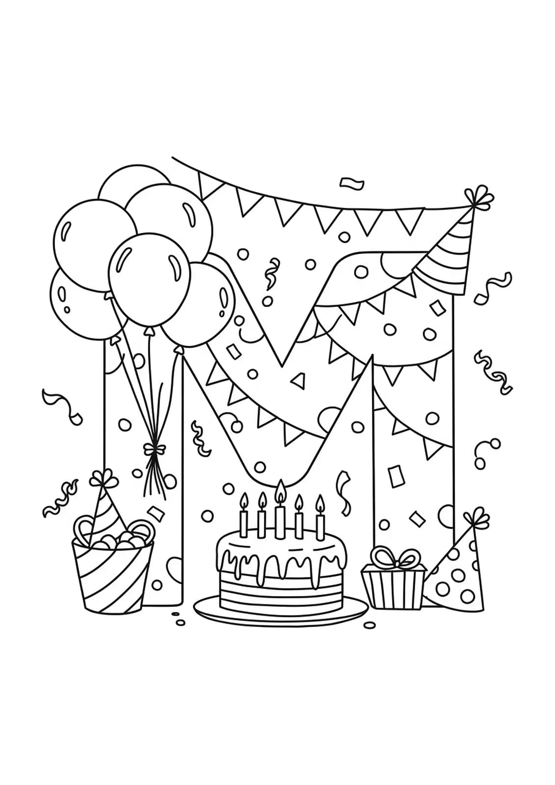Coloring page with the letter M surrounded by balloons, a birthday cake, party hats, and confetti.