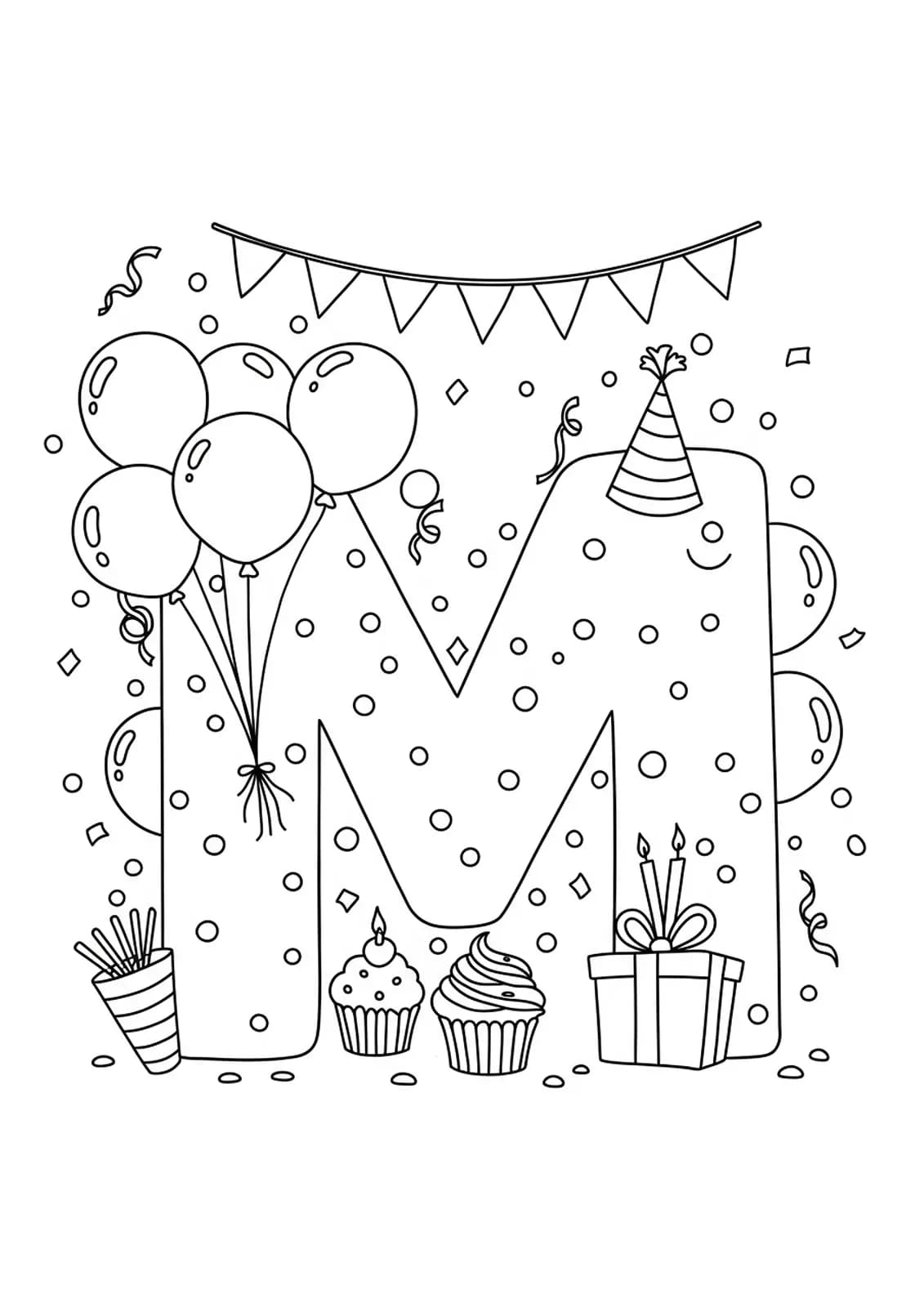 Letter M with balloons, cupcakes, birthday hats, and confetti, designed for preschool birthday coloring.