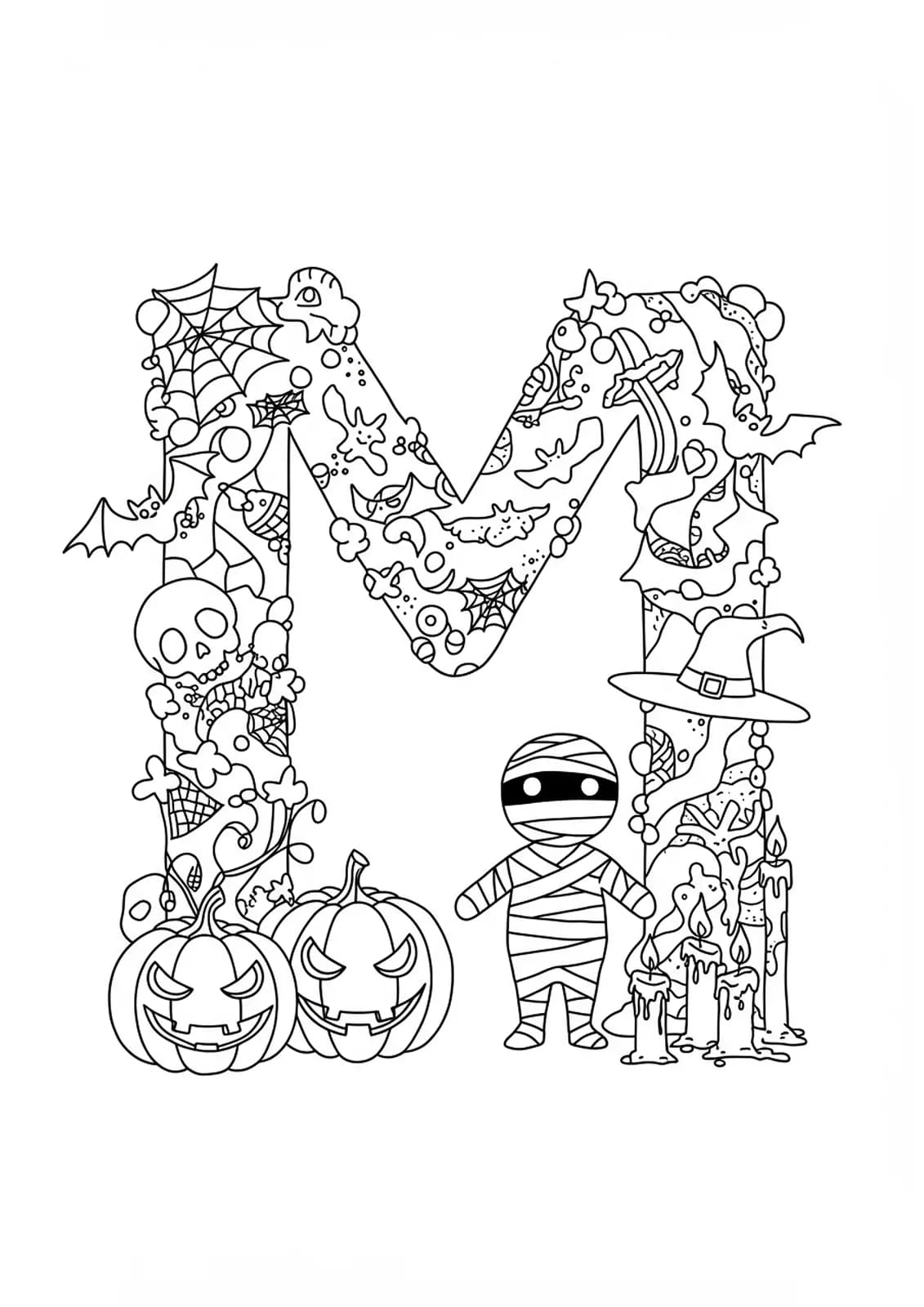 Coloring page featuring the letter M with Halloween elements like pumpkins, bats, a mummy, and candles.