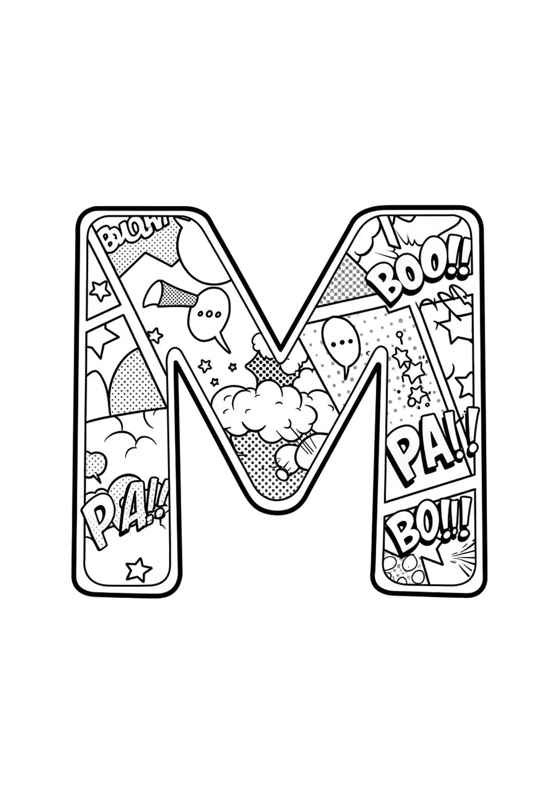 Letter M manga style coloring page for teens with simple manga elements