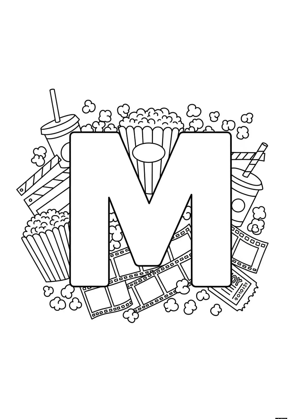 Movie night themed letter M coloring page with popcorn and film elements, easy for teens