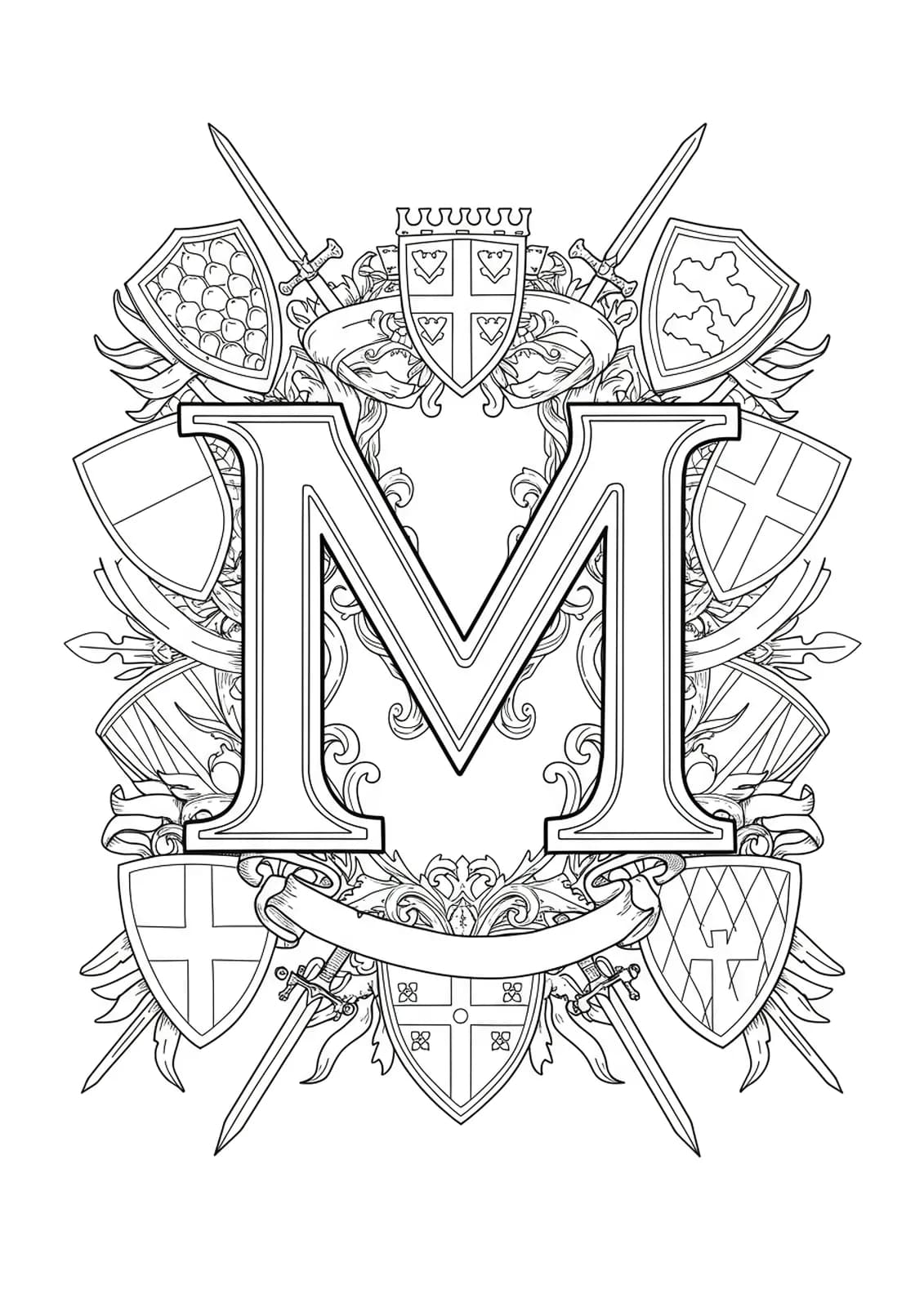 Coloring page of the letter M surrounded by medieval shields, banners, and decorative heraldic patterns.