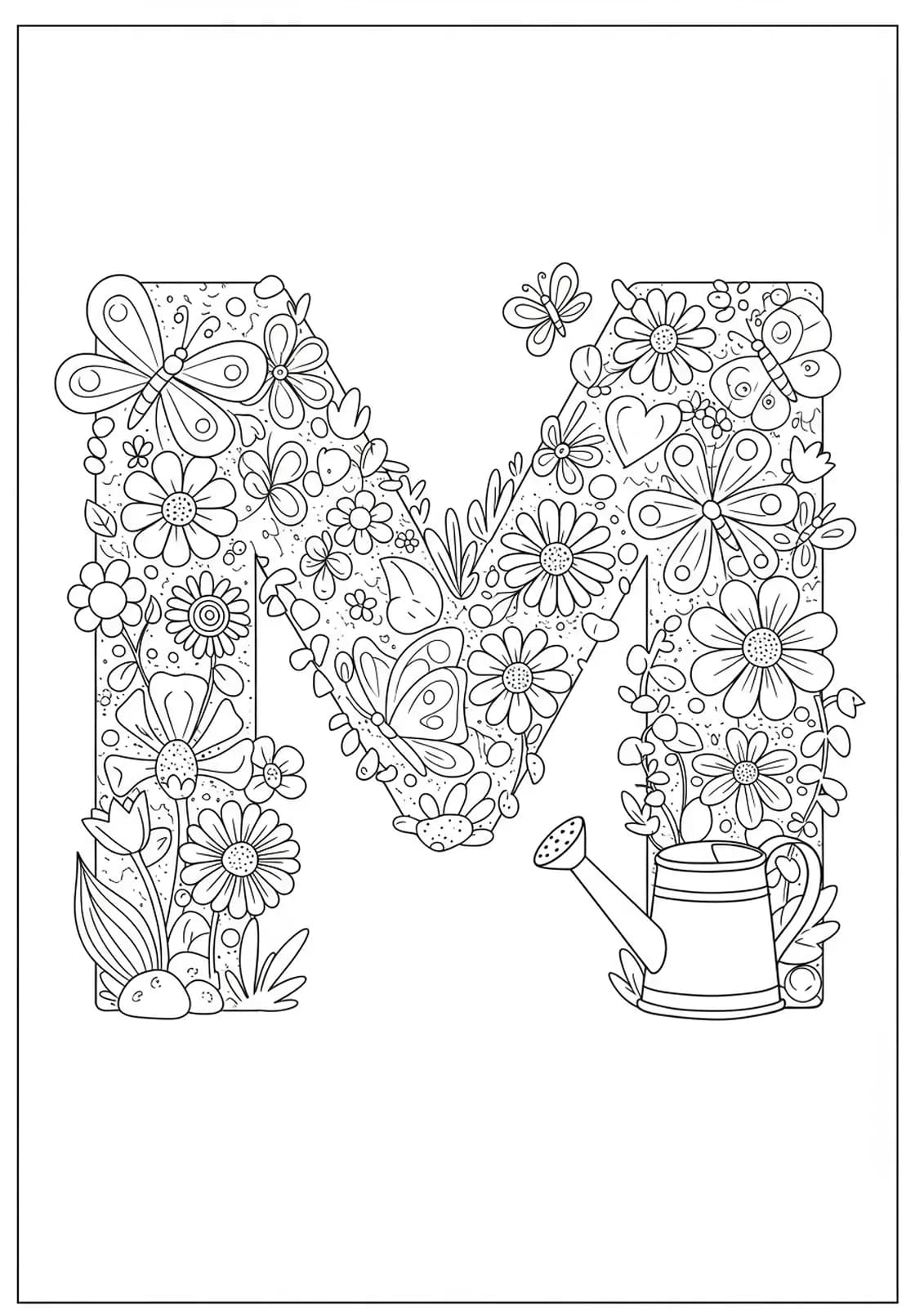 Letter M surrounded by flowers, butterflies, and watering can, designed for preschool garden coloring.