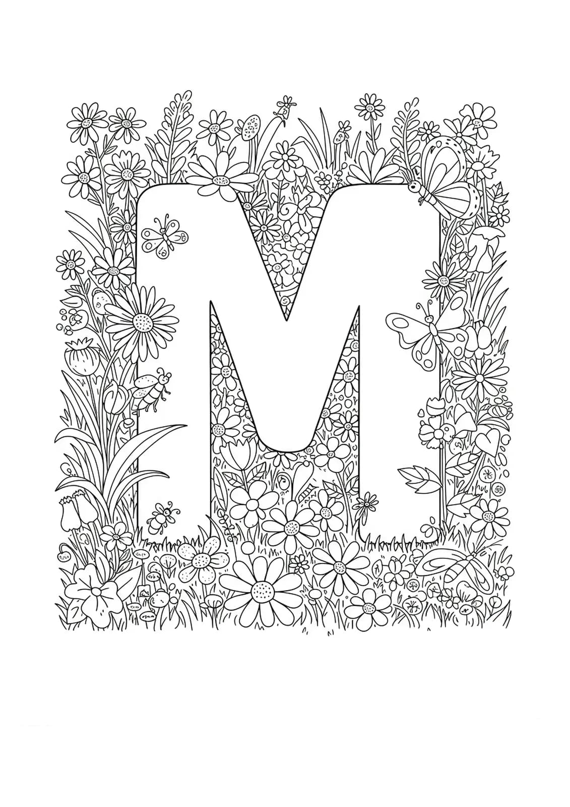 Complex outline of a meadow with flowers, grass, butterflies and bugs surrounding a large letter M, filled with intricate natural details.