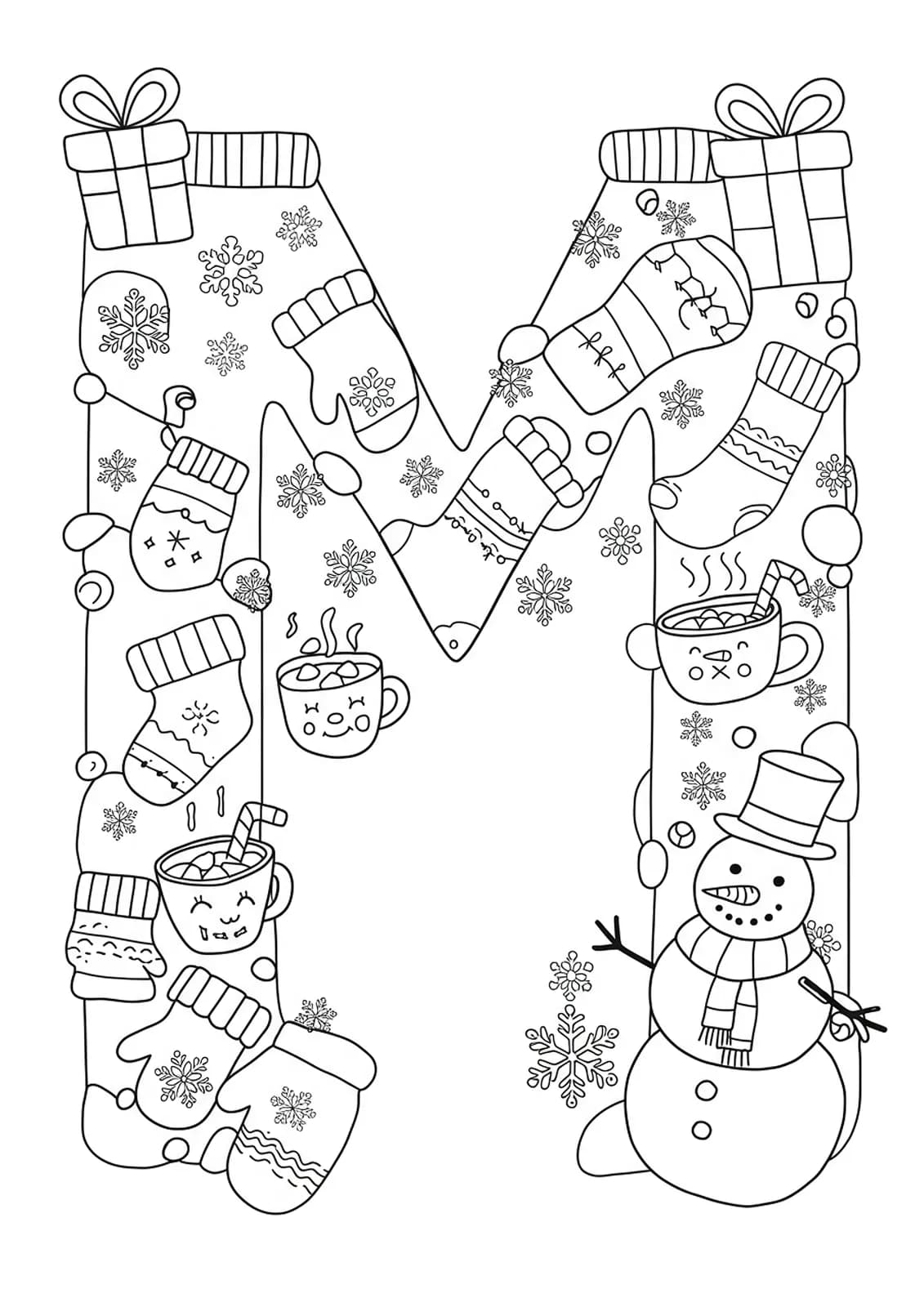 Coloring page with the letter M surrounded by mittens, mugs, snowflakes, and snowmen in a winter scene.