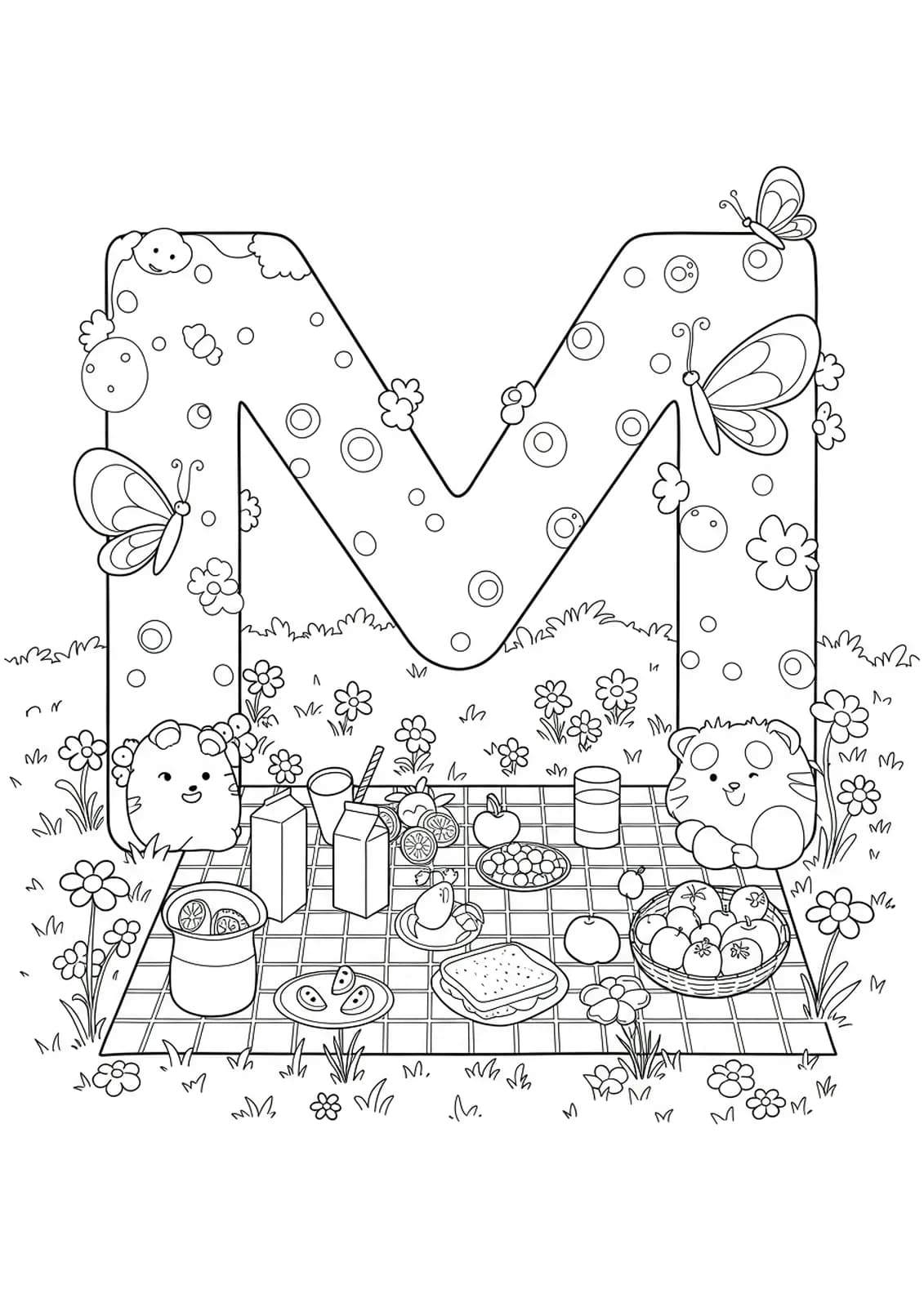 Coloring page with the letter M, picnic blanket, sandwiches, milk, fruit, butterflies, and meadow flowers.