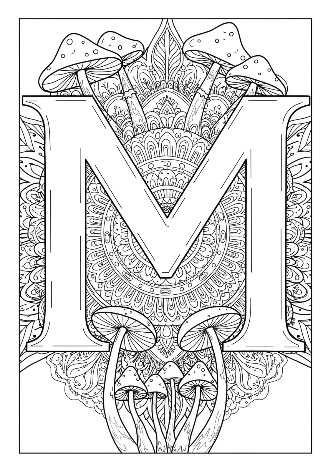 Letter M framed by mandala patterns and stylized mushrooms in a medium-detailed adult coloring page.