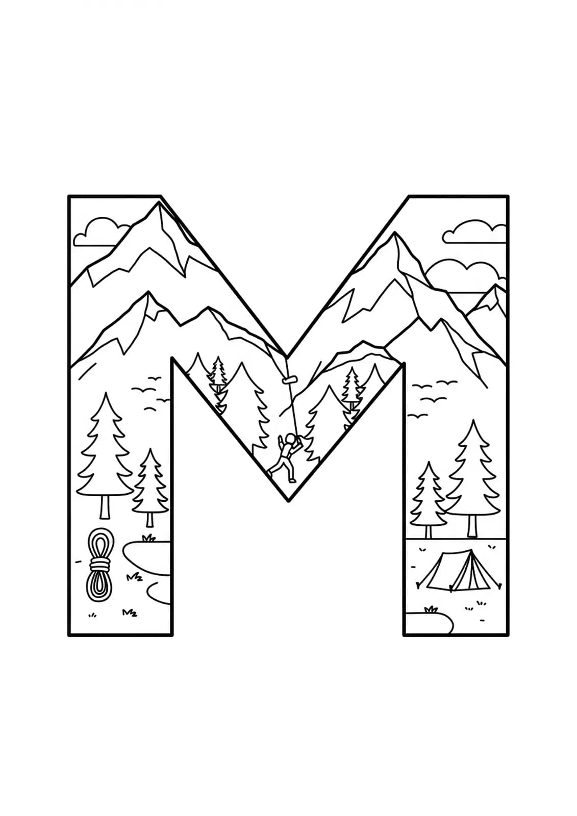 Coloring page with the letter M surrounded by mountains, climbing ropes, pine trees, and a small tent.