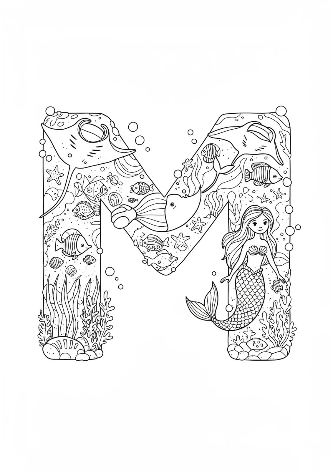 Coloring page showing the letter M with marine life such as manta rays, mermaids, fish, and sea plants.