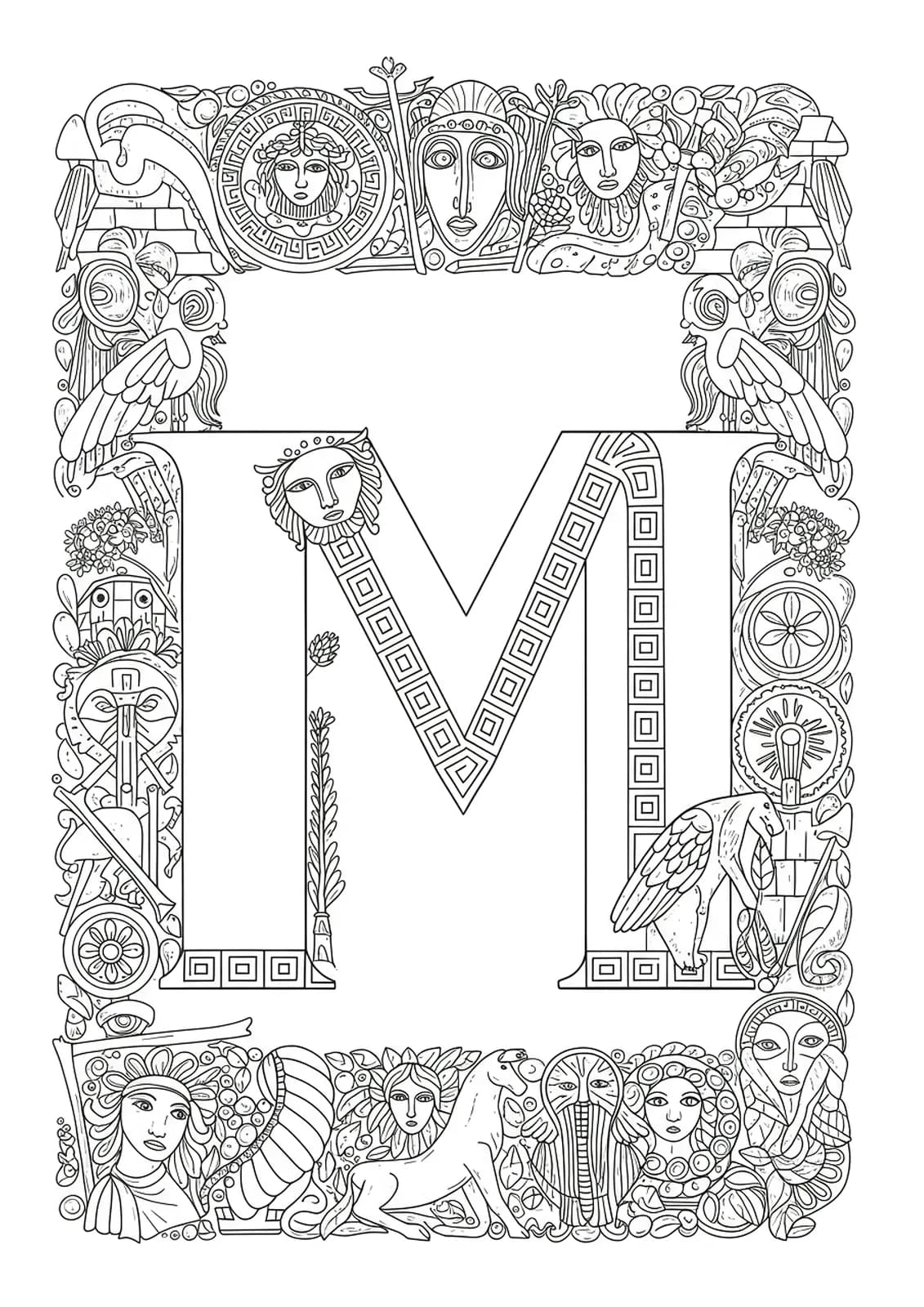 Letter M surrounded by complex ancient mythological symbols and creatures.
