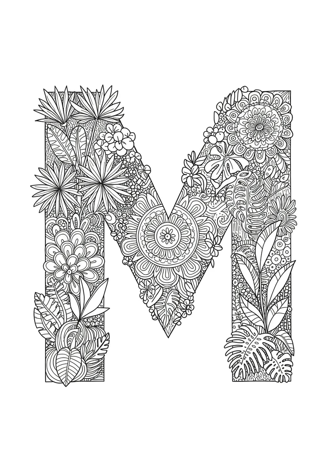 Letter M covered in botanical mandala patterns and dense jungle foliage for teens.