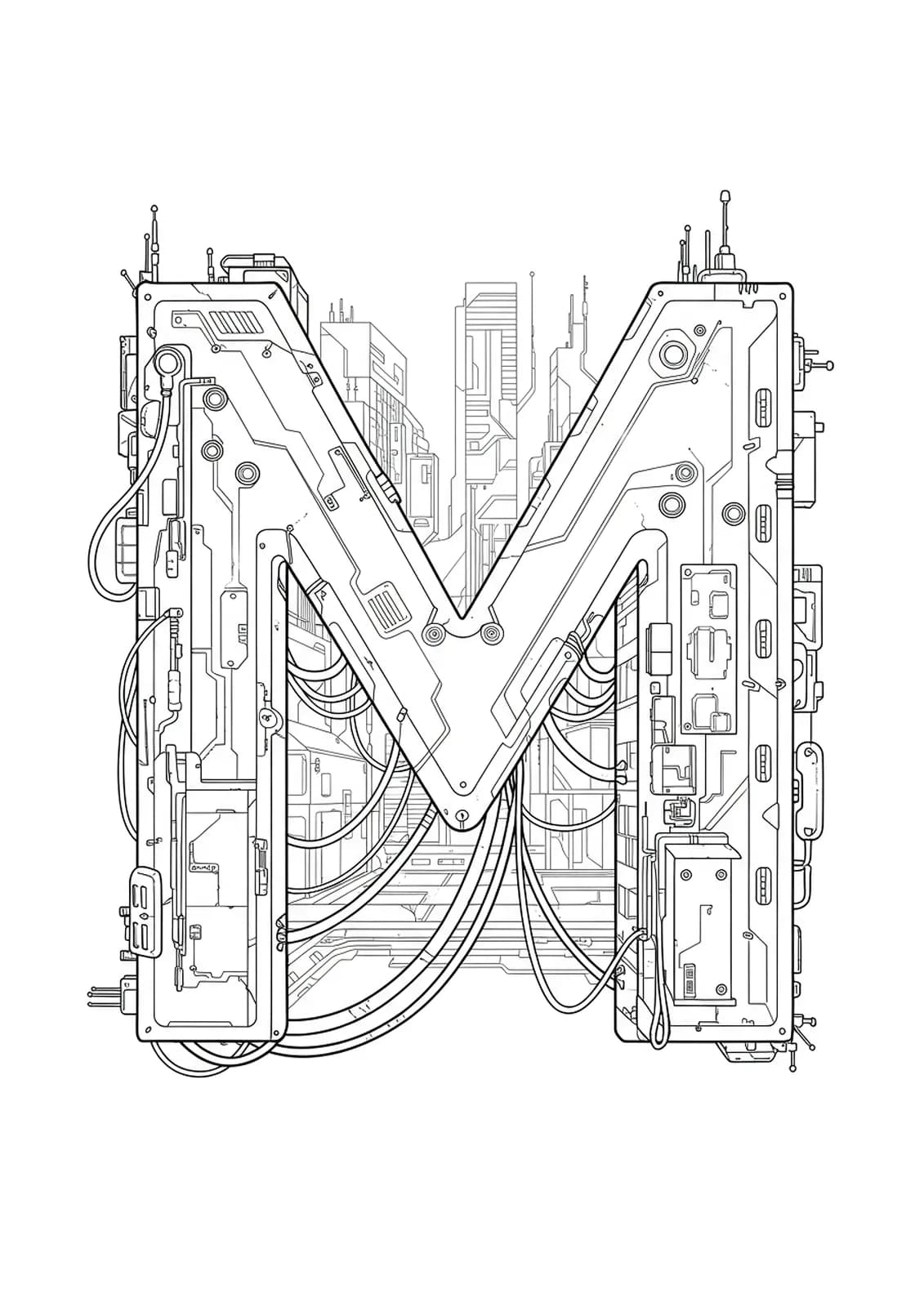 Letter M integrated with detailed cyberpunk cityscape, buildings, wires, and tech patterns.
