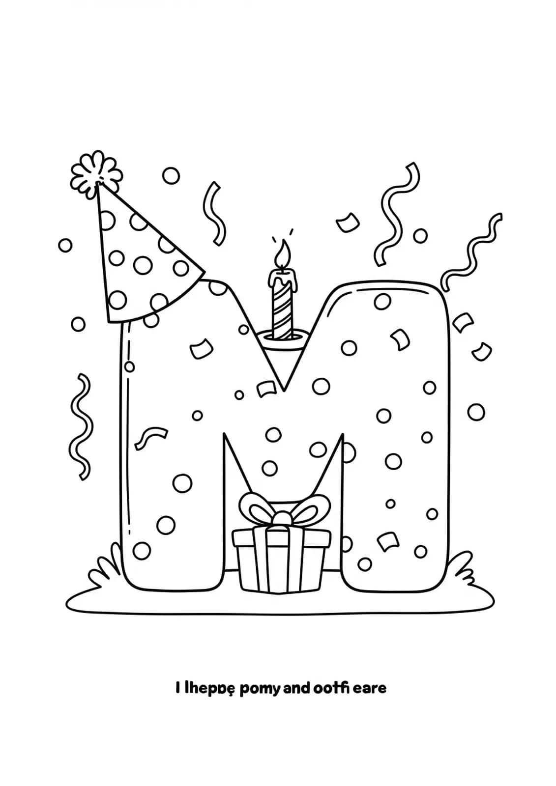 Large letter M with a birthday hat, candle, and confetti, celebration theme for preschool coloring.