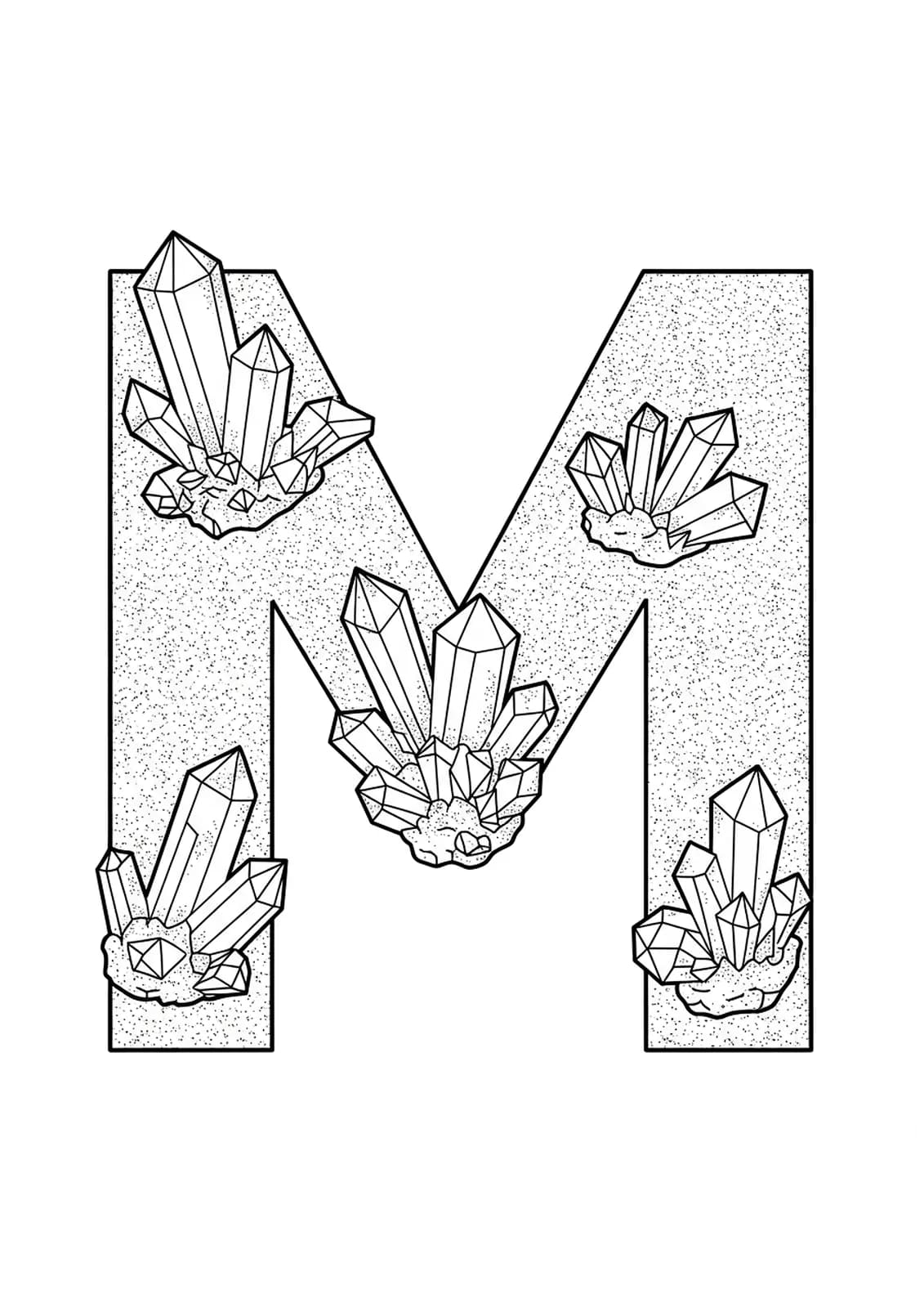Letter M adorned with crystals, mineral clusters, and gemstones in a medium-detailed coloring page for adults.