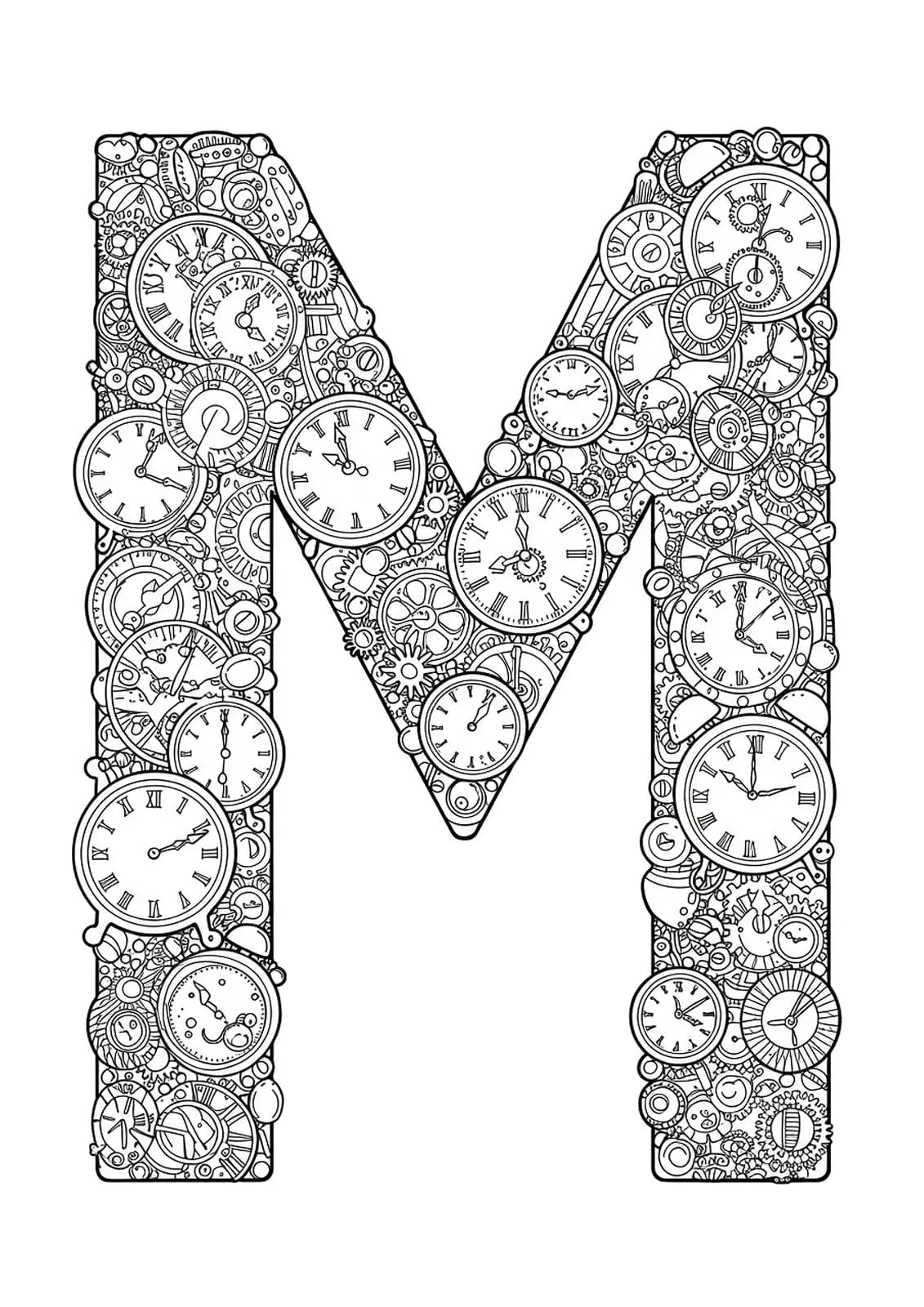 Letter M detailed with mechanical watch faces, gears, and intricate clockwork elements in line art.