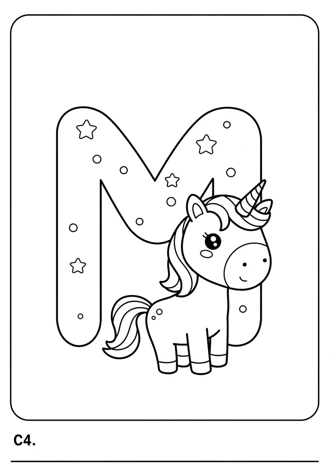 Simple coloring page with letter M and a smiling unicorn with a flowing mane.