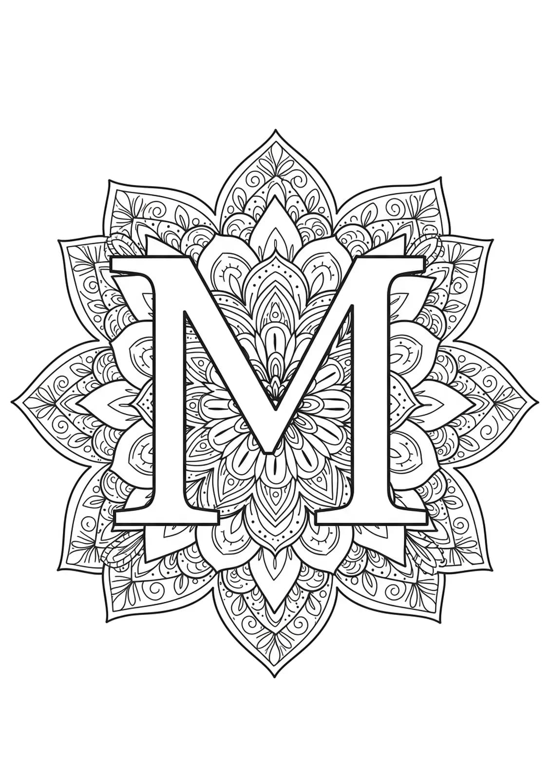 Letter M with simple mandala flower petals around it, easy adult coloring page.