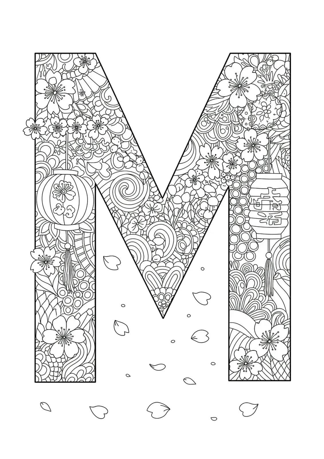 Intricate letter M coloring page with manga-style cherry blossoms and lanterns.