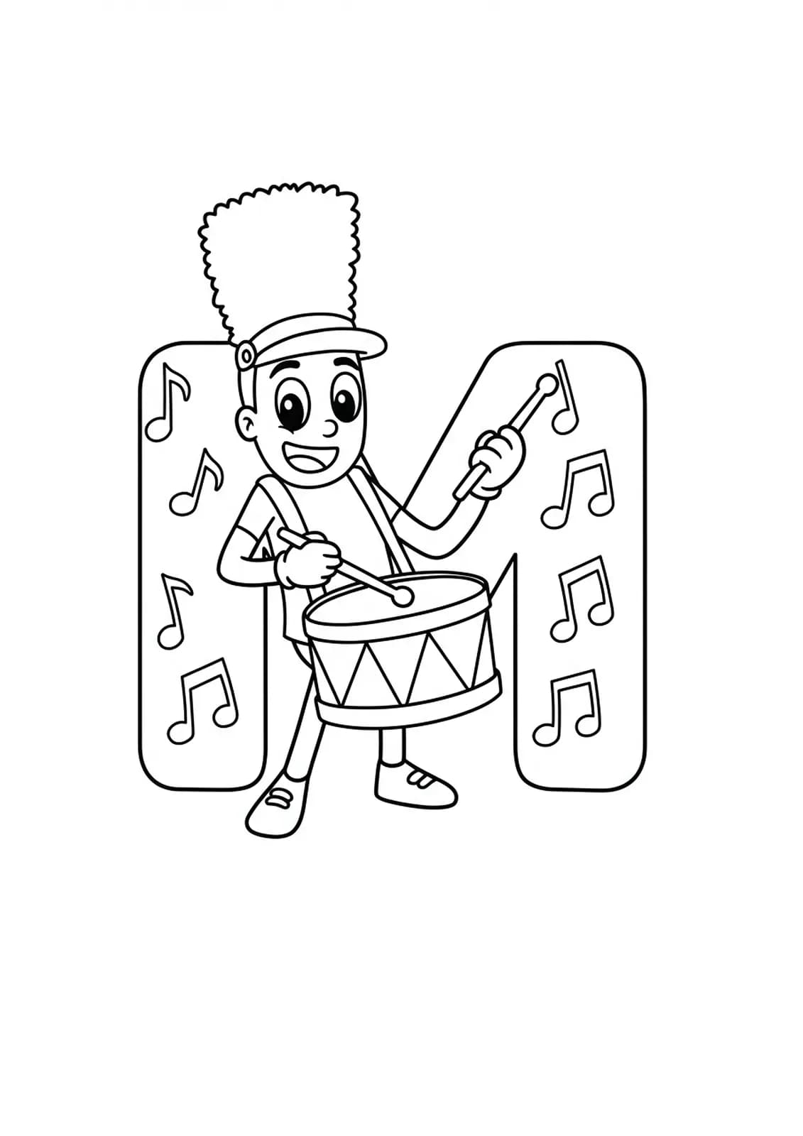 Large letter M with a marching drum and music notes, music activity theme for preschoolers.