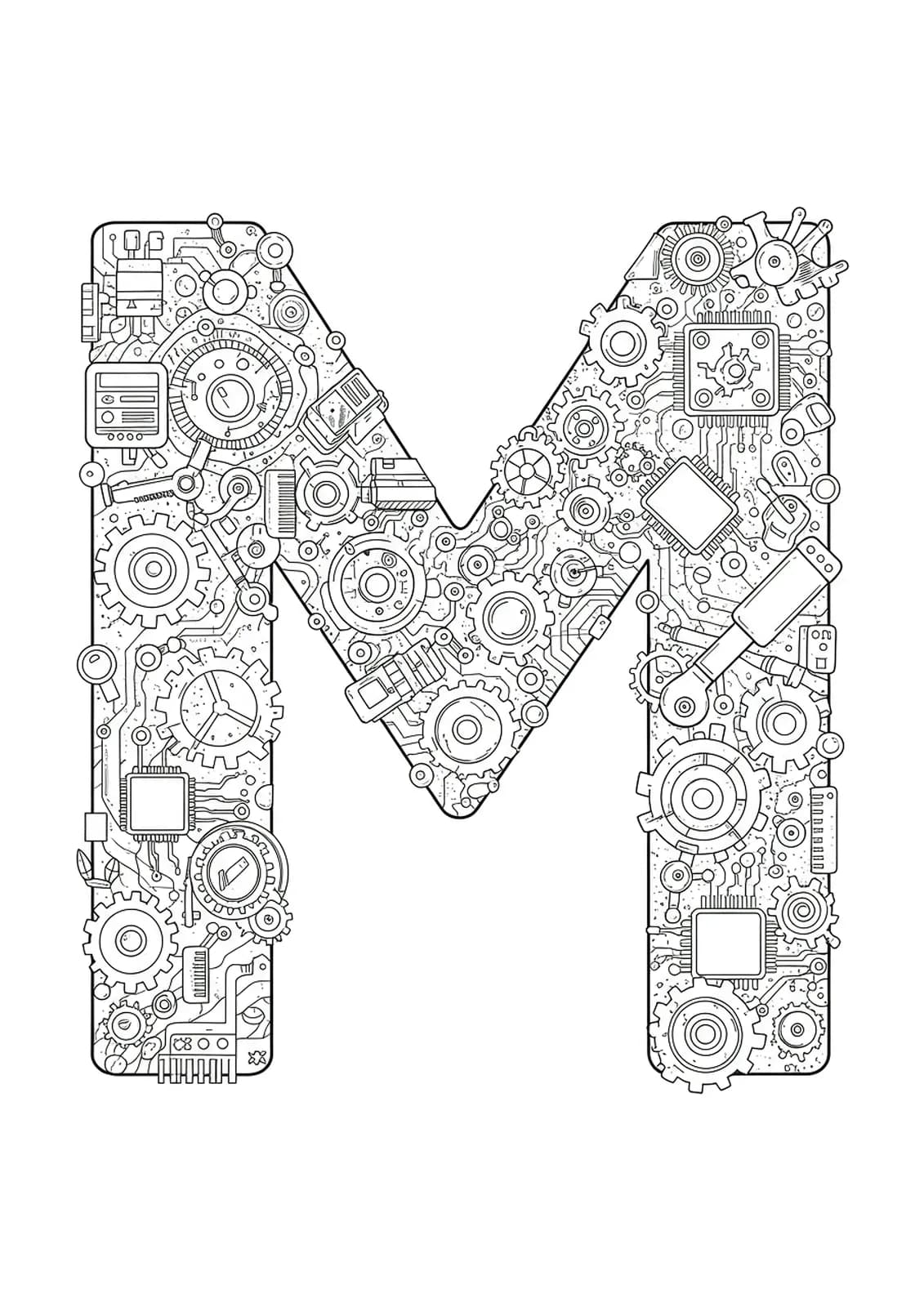 Line art coloring page of the letter M surrounded by gears, cogs, circuit boards, and mechanical elements.