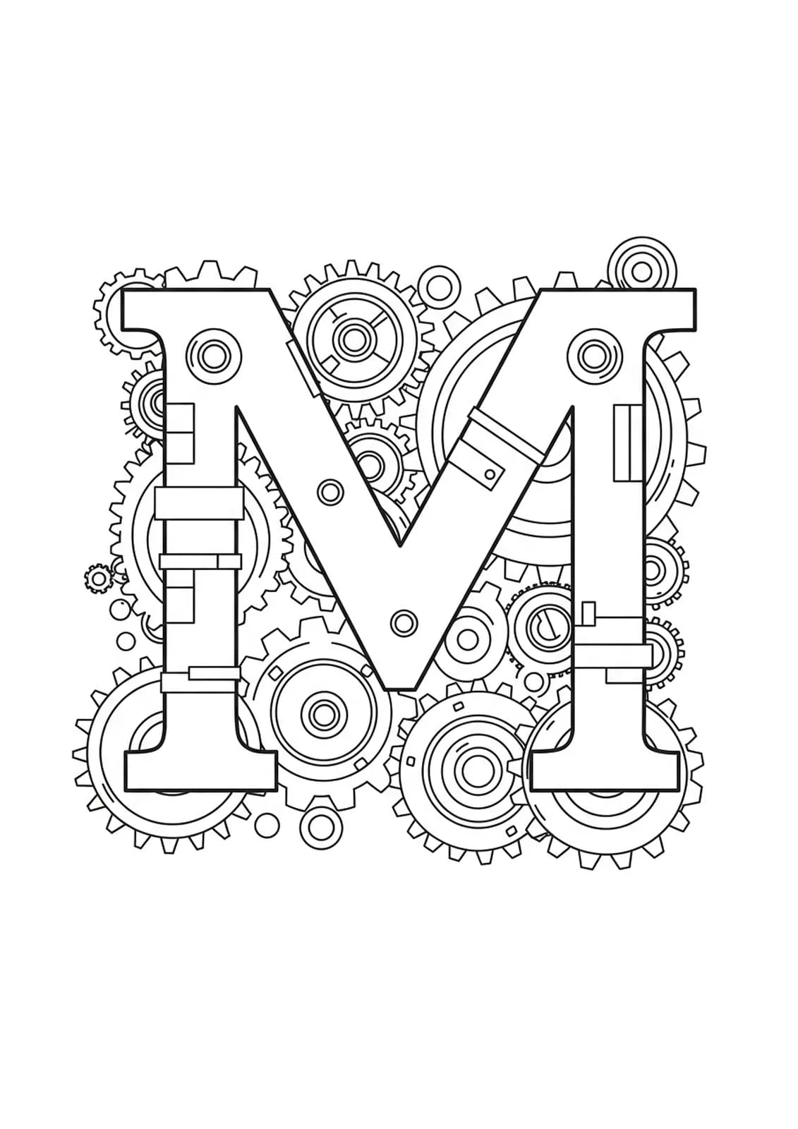 Easy adult coloring page with letter M surrounded by simple mechanical gears.