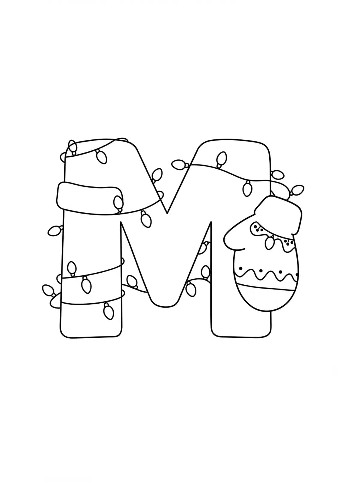 Simple coloring page of a large letter M decorated with a mitten and Christmas lights, easy design for preschoolers.