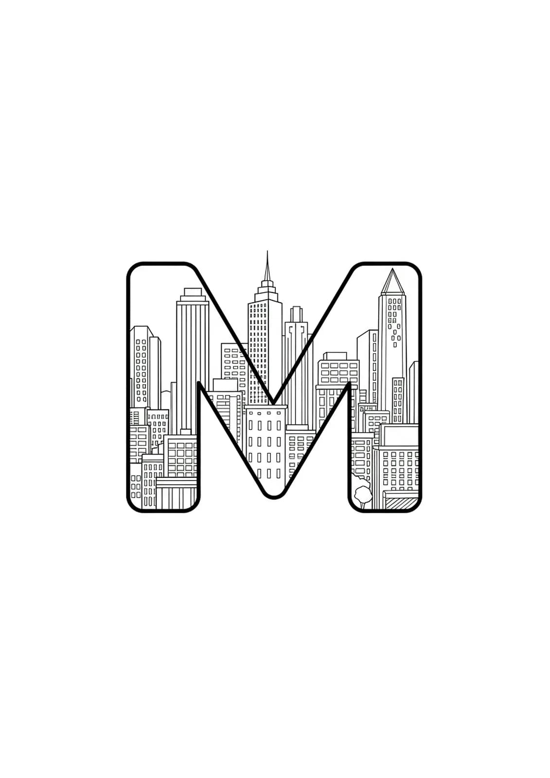 Letter M coloring page with simple city skyline outlines, easy for adults.