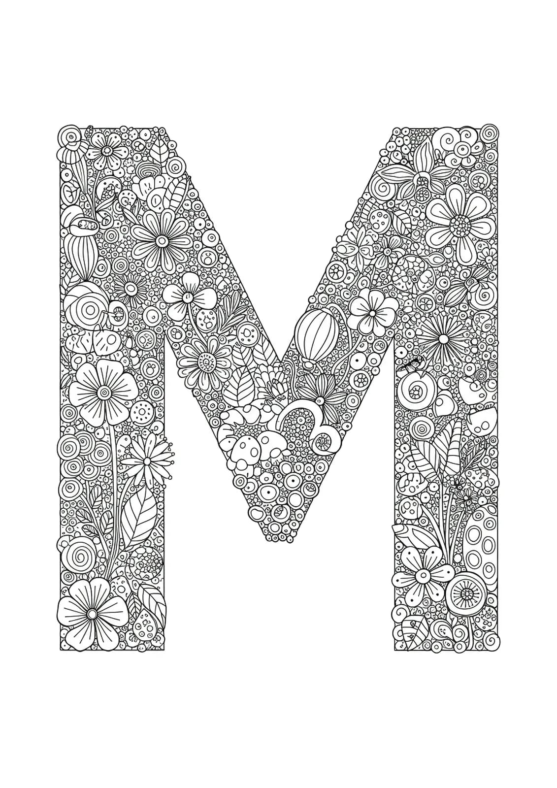 Letter M surrounded by microscopic plants, insects, and detailed tiny organisms in line art.