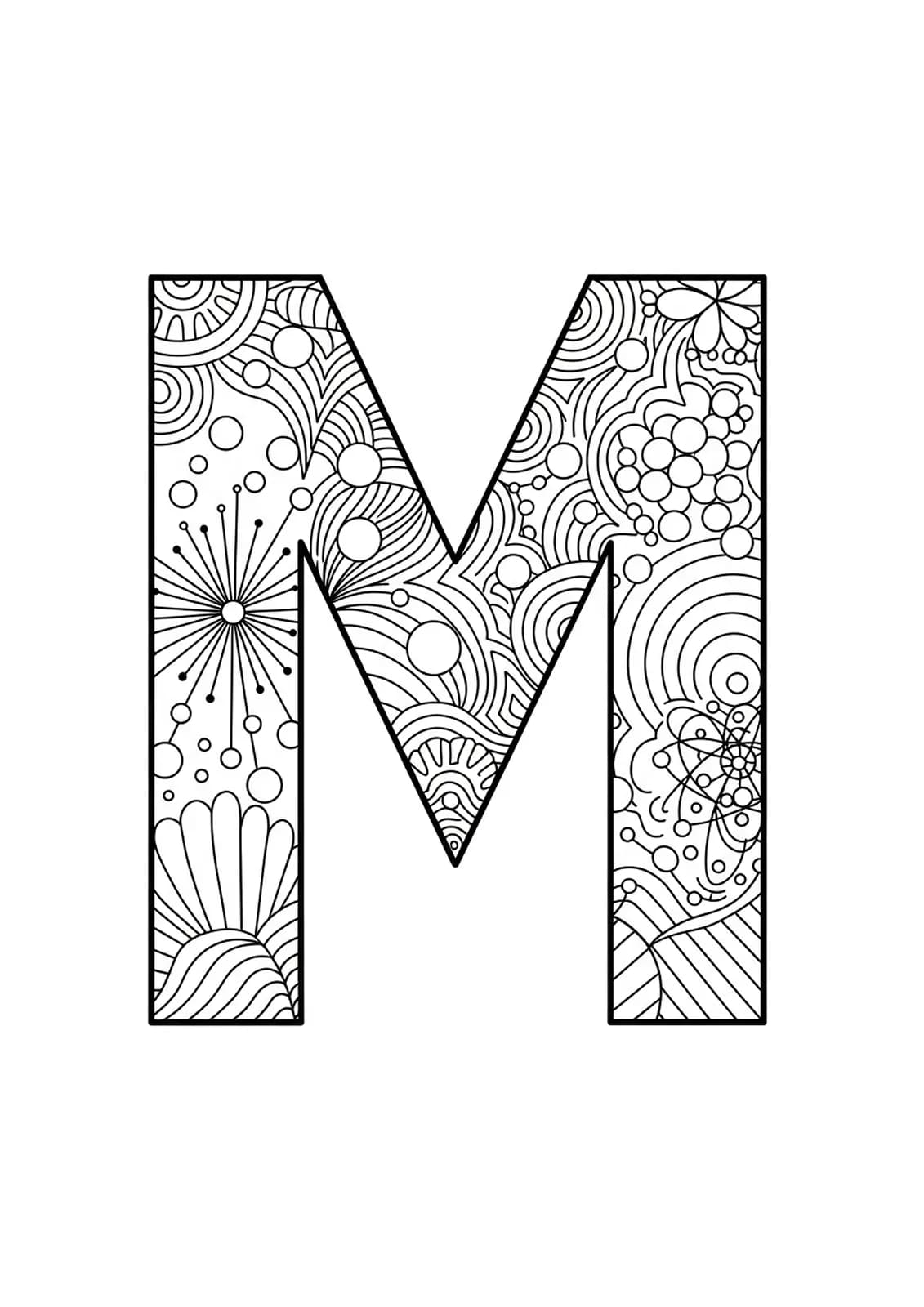 Letter M decorated with mid-century modern patterns, starbursts, and atomic shapes, medium-detailed adult coloring page.