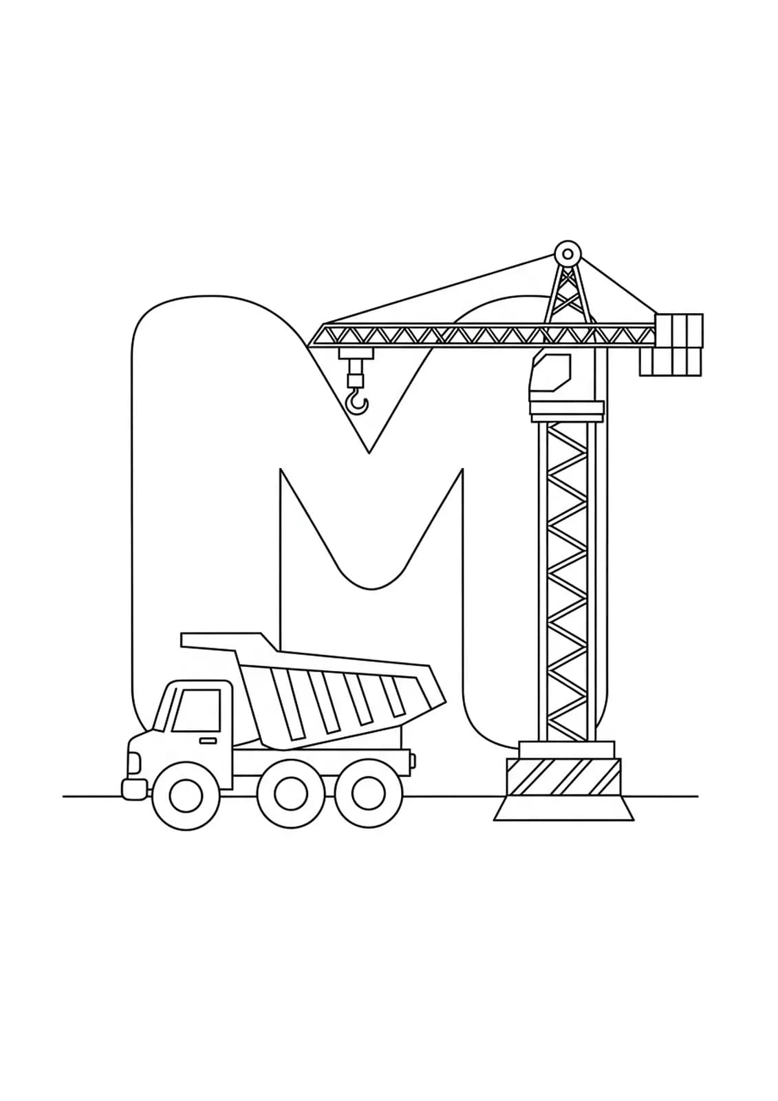 Black and white coloring page of the letter M with a dump truck and a simple crane.