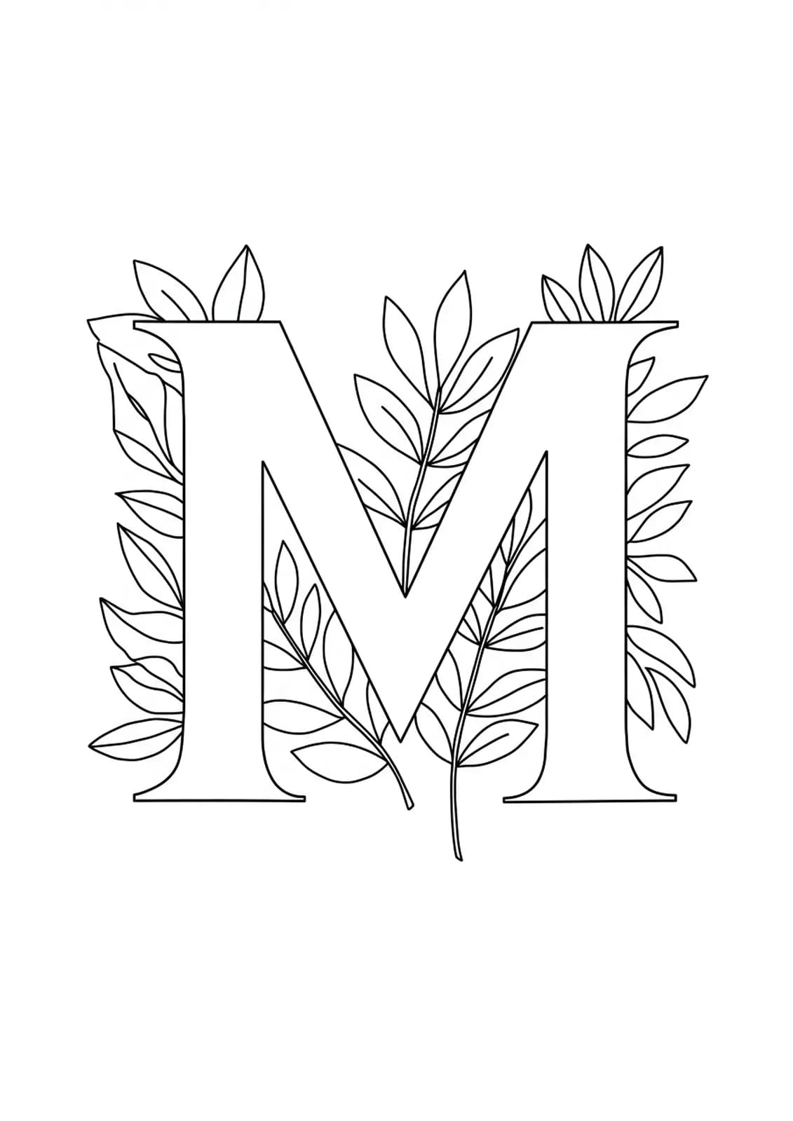 Letter M with large, simple-line botanical leaves around it, easy for adults to color.