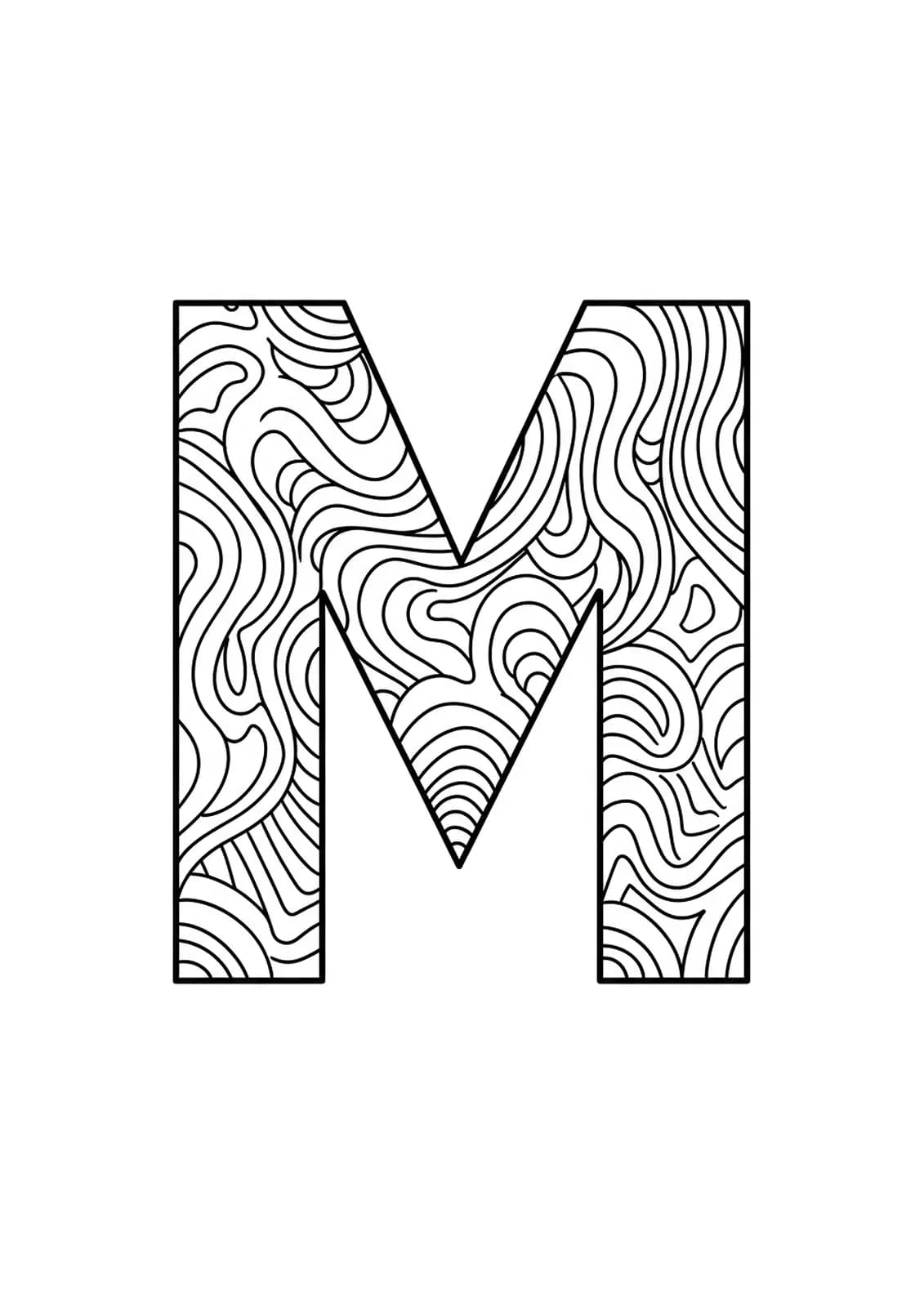 Letter M with simple abstract wave patterns, easy coloring for adults.
