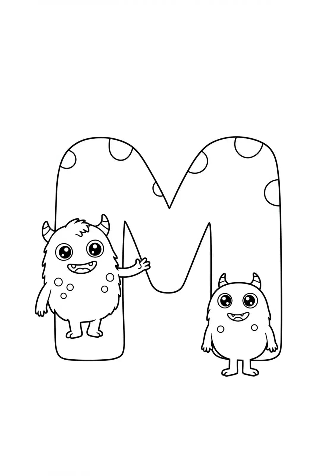 Big letter M with two friendly cartoon monsters, easy design for preschool coloring.