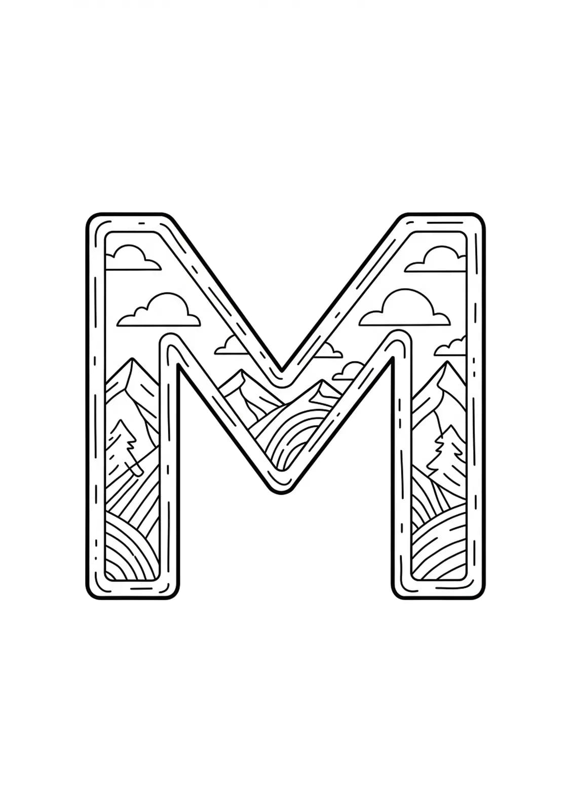 Easy coloring page for adults of letter M with simple mountain and cloud outlines.