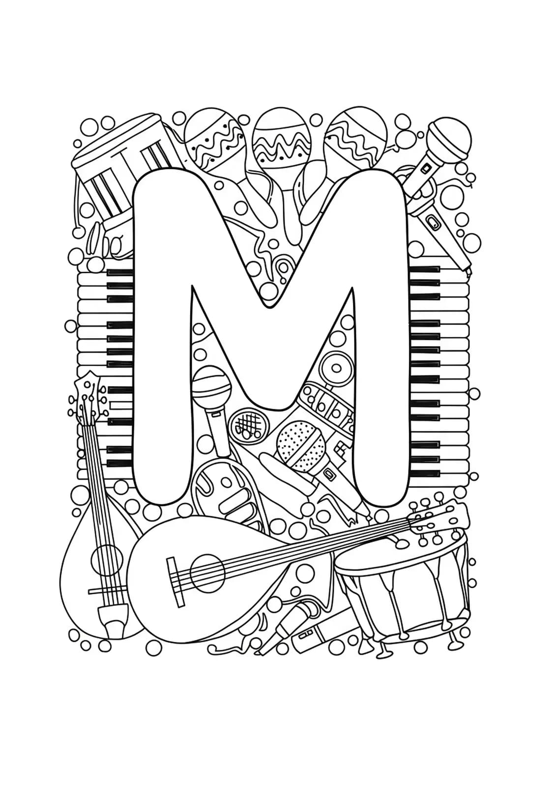 Easy coloring page of letter M surrounded by musical instruments with simple outlines for adults.