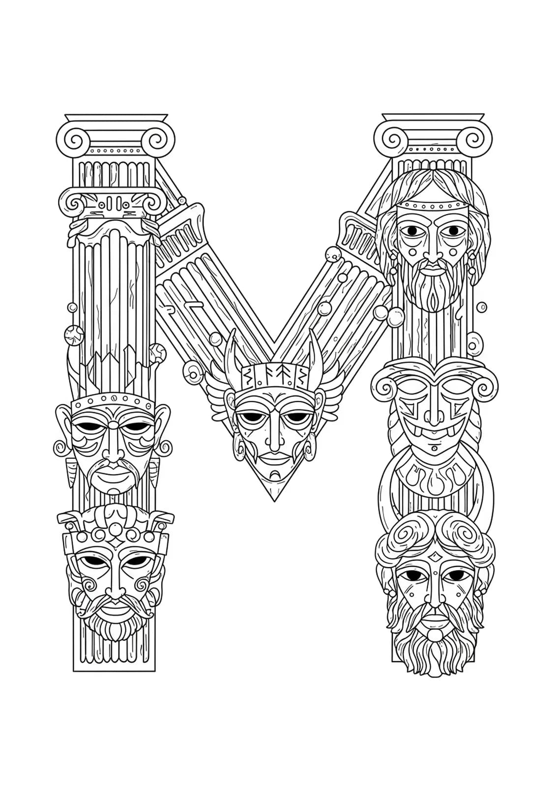 Line art coloring page of the letter M with mythological symbols such as Greek columns, Norse runes, and ancient masks around it.