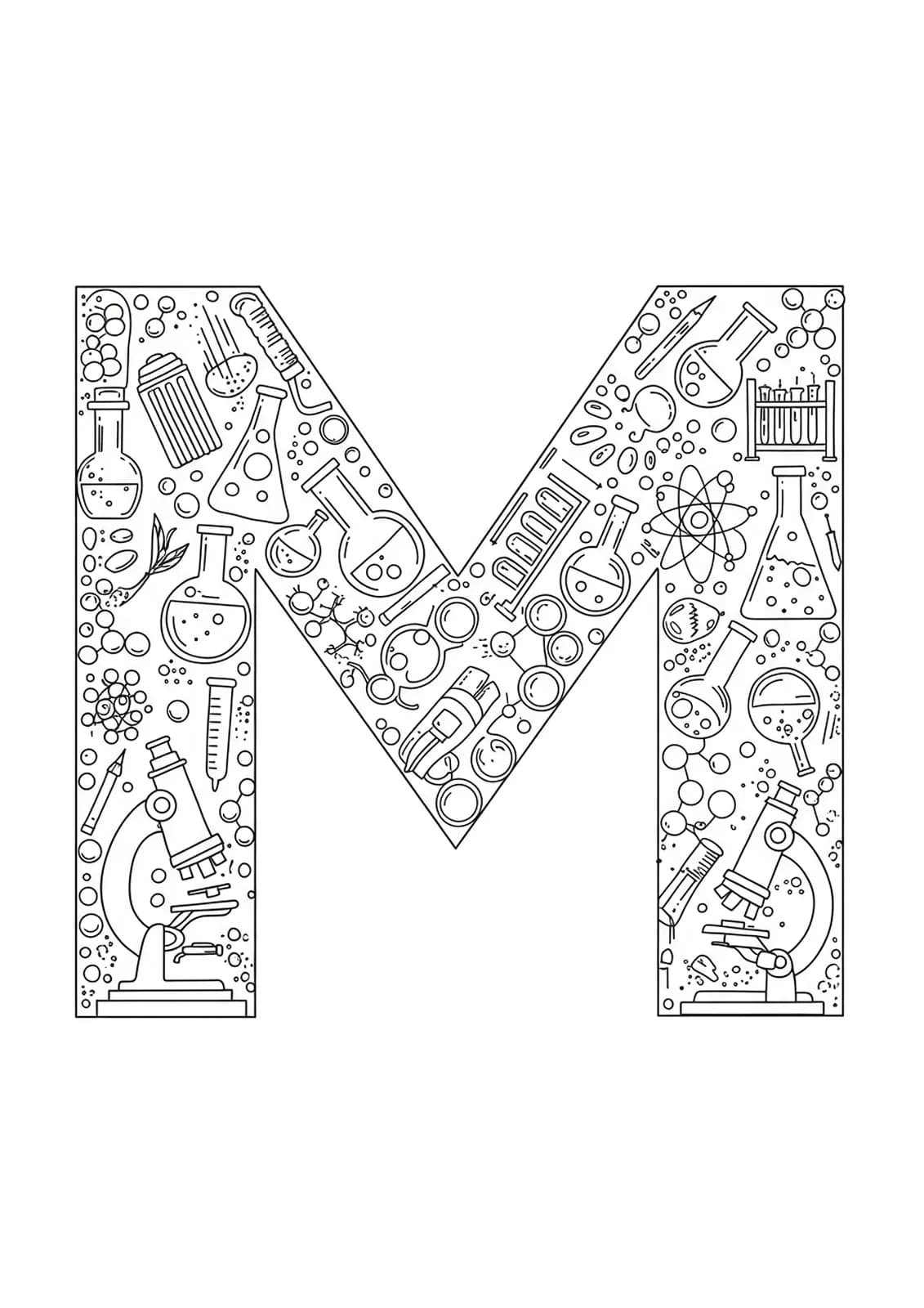 Letter M illustrated with detailed science lab equipment, molecules, and chemical patterns.