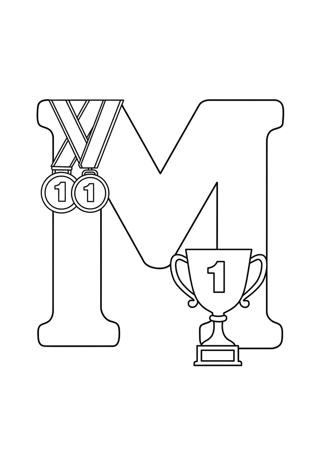 Large letter M decorated with medals and a trophy, sports theme for preschool coloring.
