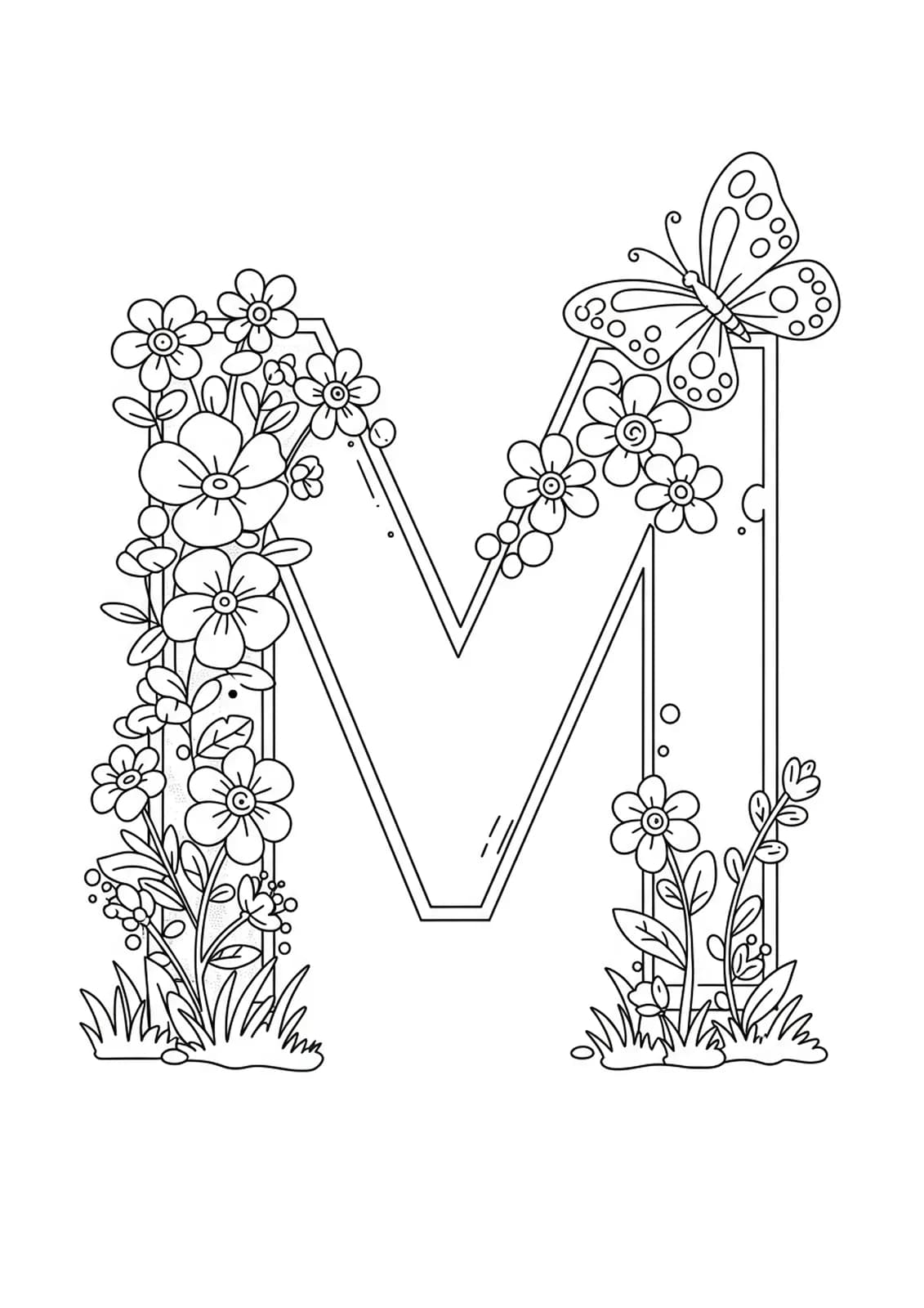 Large letter M with simple flowers and a butterfly, designed for easy coloring by preschool children.