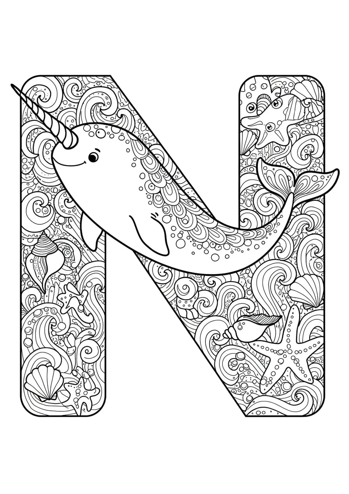 Detailed letter N with a fantasy narwhal, magical waves, seashells, and swirls for coloring
