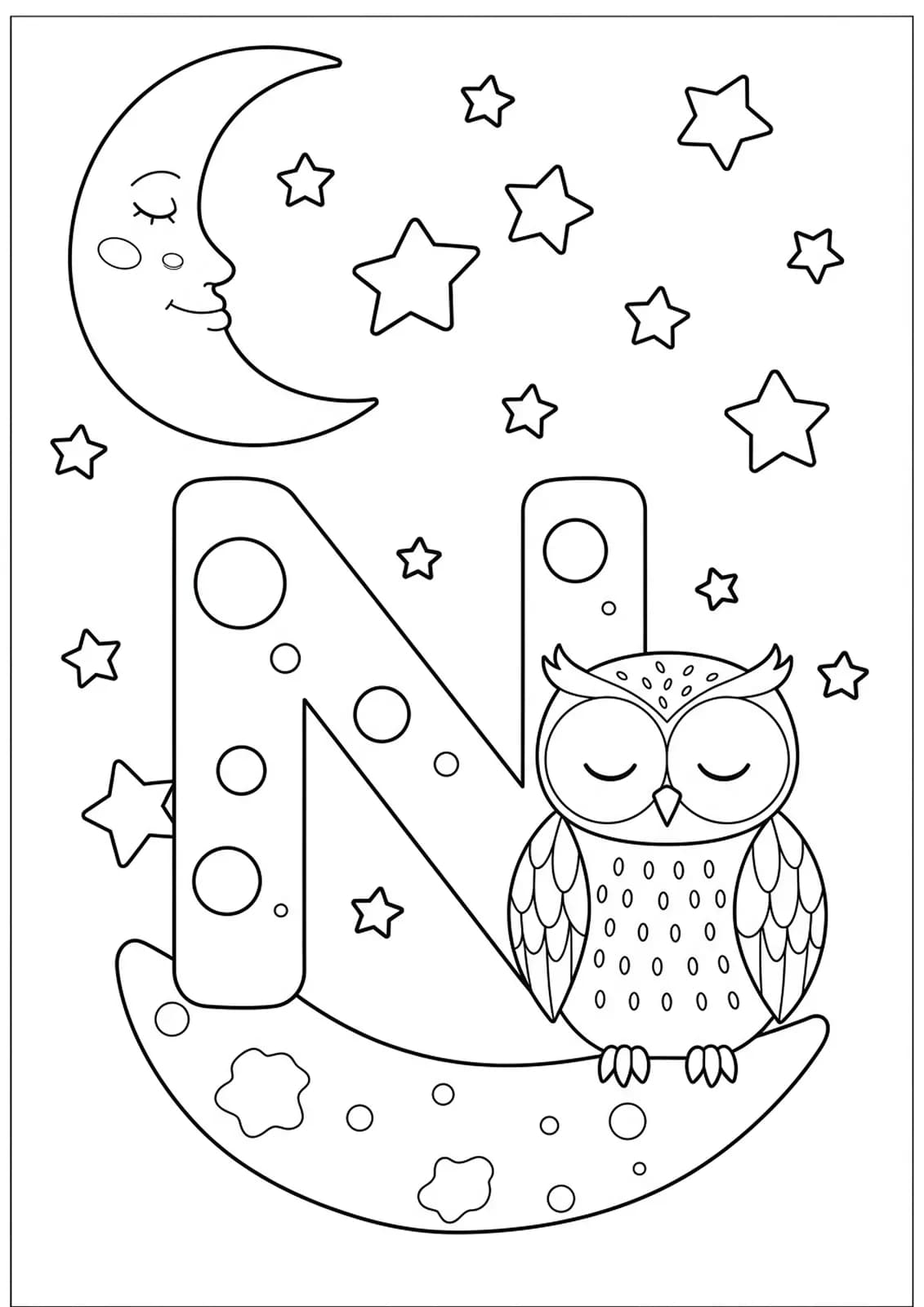 Letter N with a crescent moon, stars, and a sleepy owl, medium details for preschool coloring.