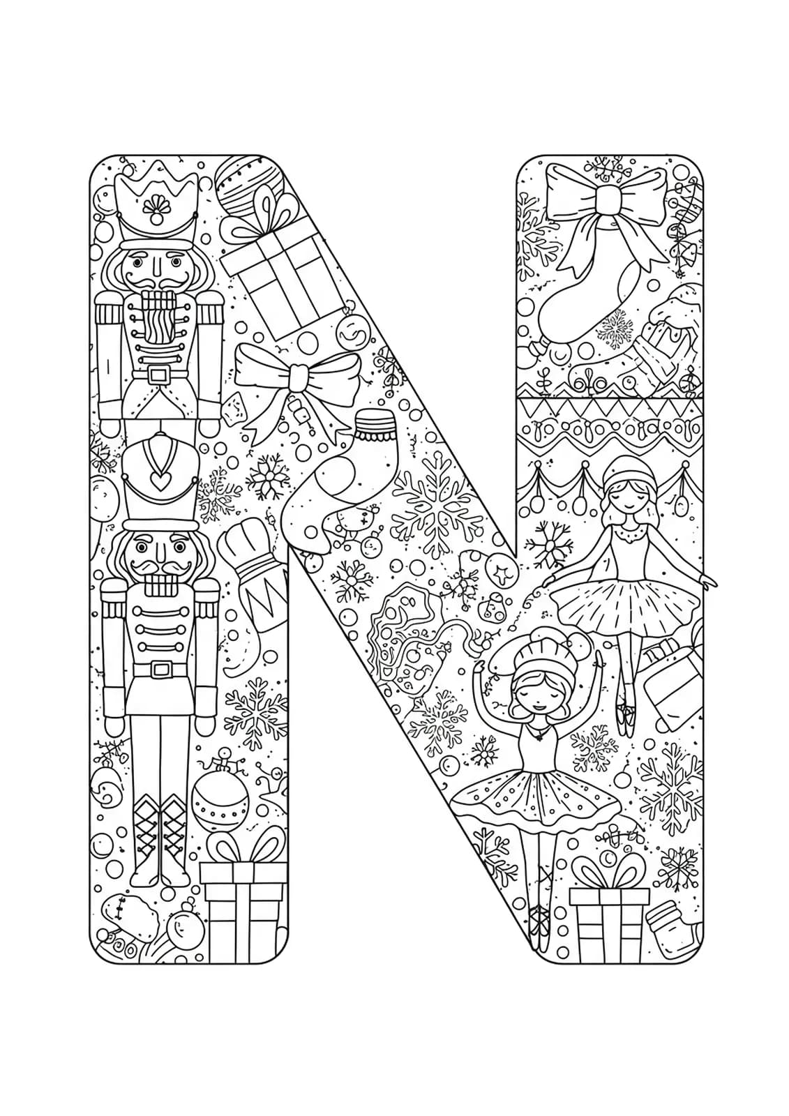 Decorative letter N with detailed nutcrackers, ballerinas, and snowflake patterns for coloring