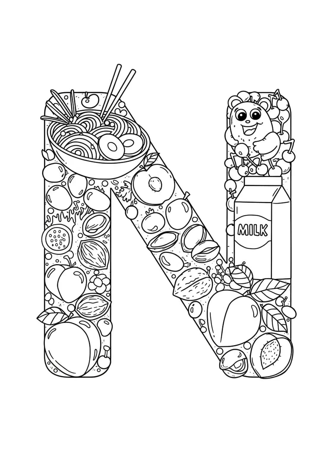 Large letter N with noodles, nuts, nectarines, and milk, medium details, for preschool coloring.