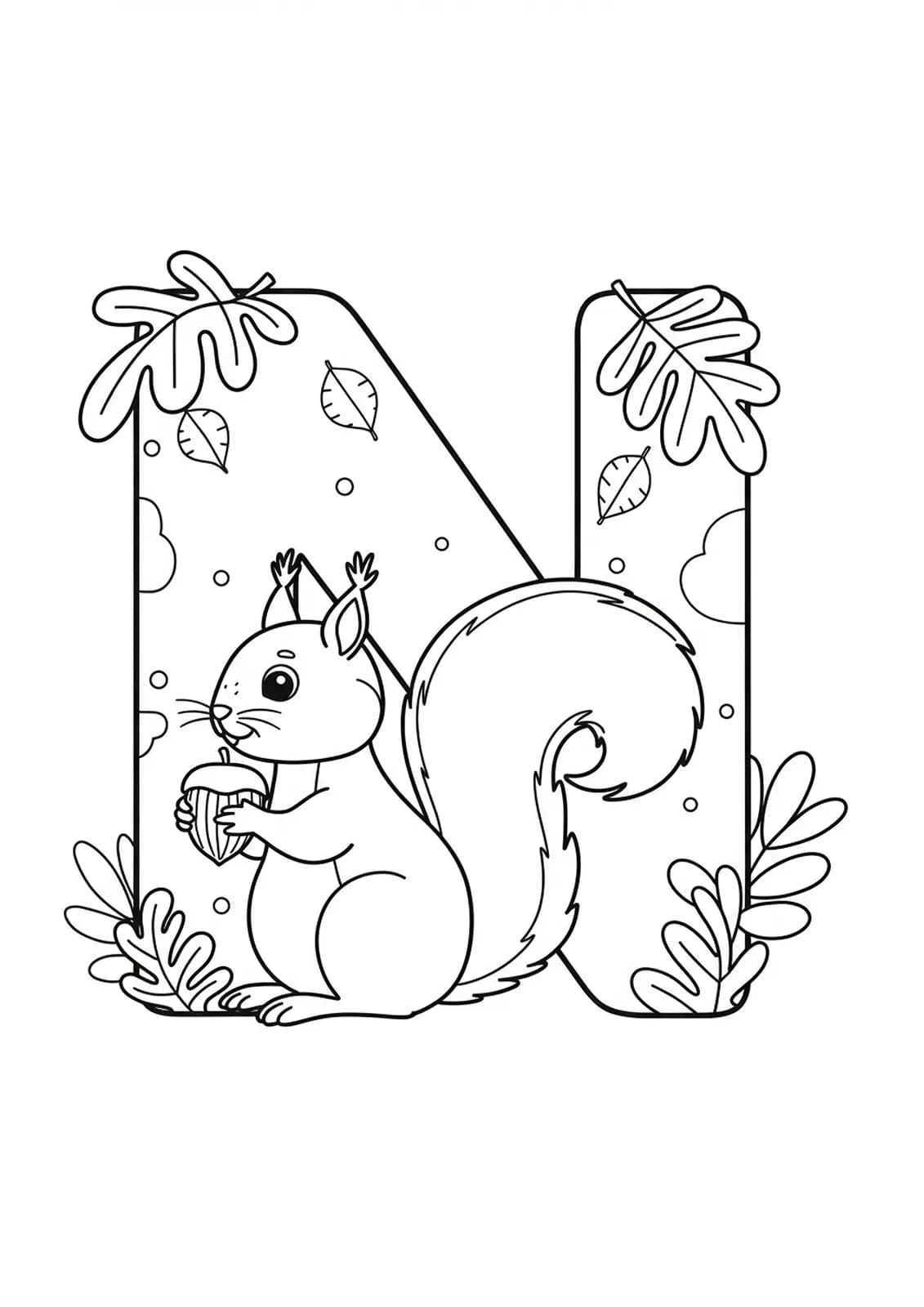 Large letter N with a squirrel holding a nut, surrounded by leaves, for preschool coloring.