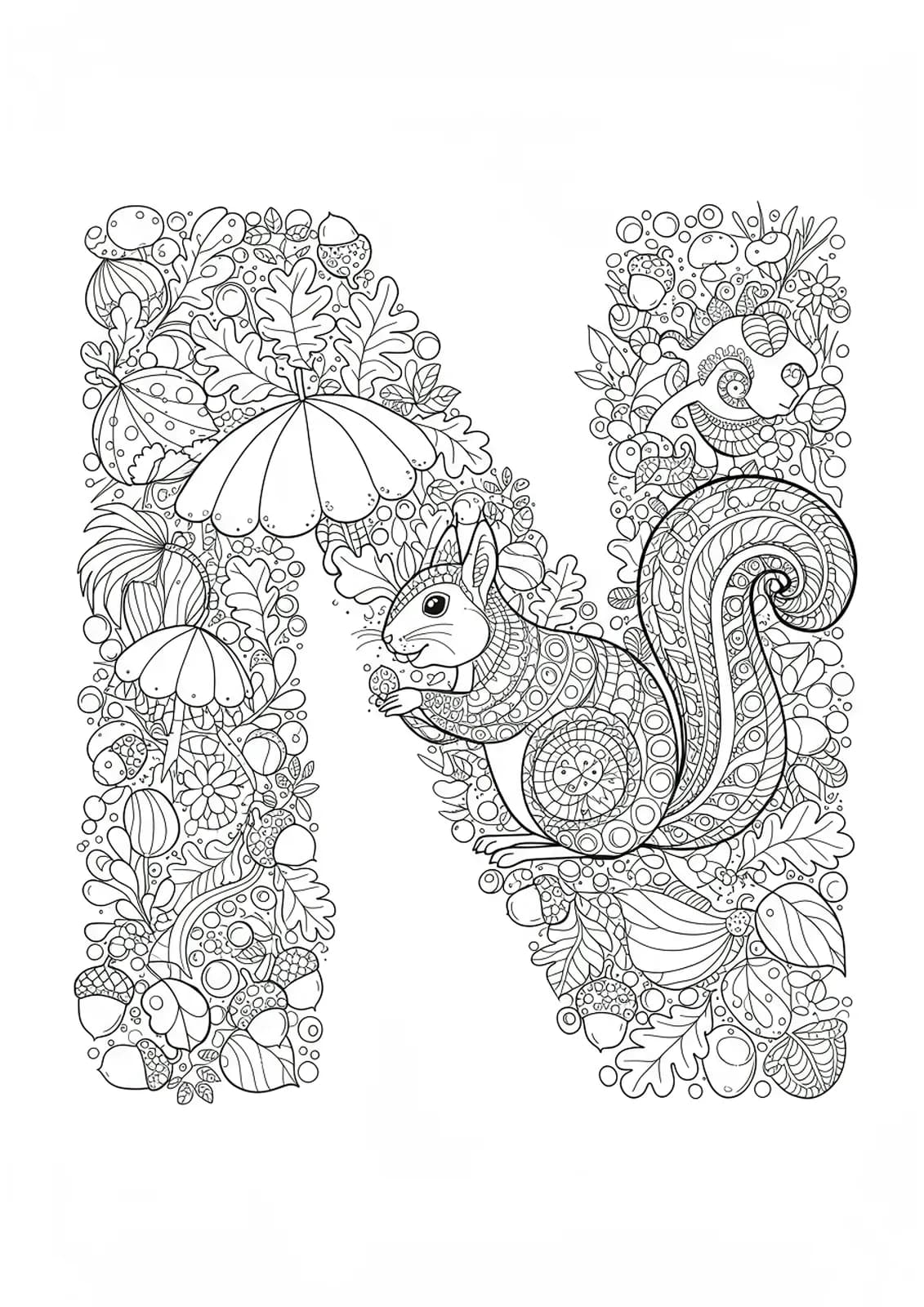Detailed letter N with playful squirrels, swirling autumn leaves, and acorns for coloring