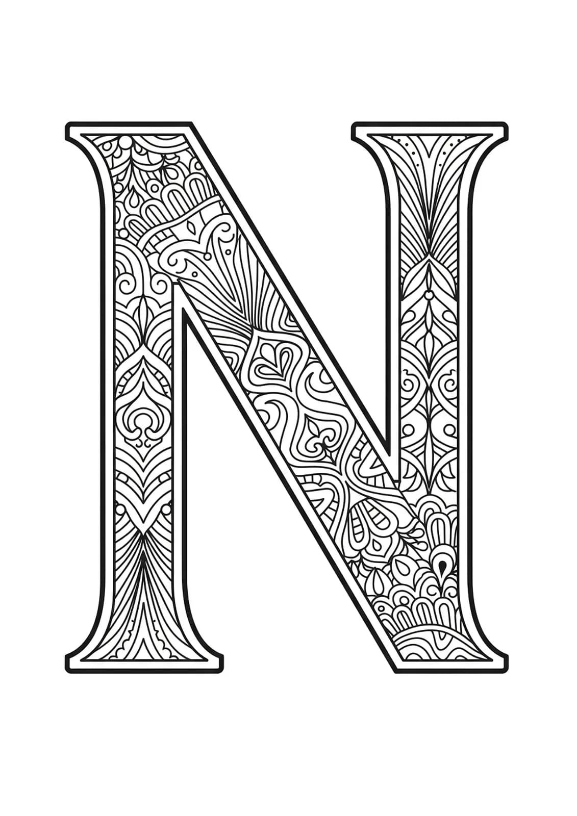 Letter N filled with intricate Art Deco geometric patterns and elegant overlapping designs.
