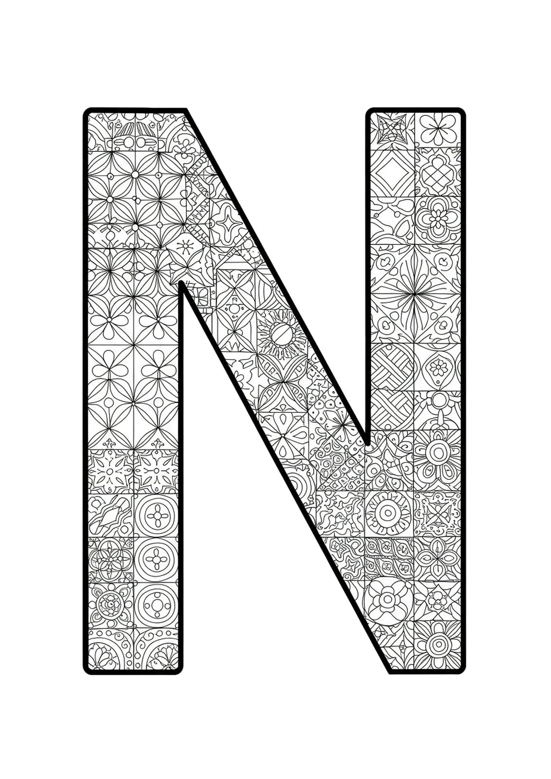 Letter N embellished with detailed mosaic tile patterns from various world cultures.