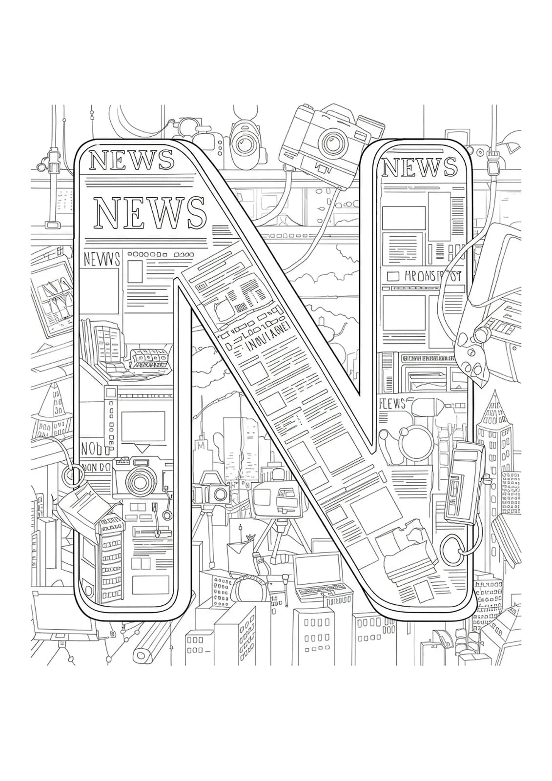 Letter N placed in a lively newsroom with headlines, laptops, cameras, and cityscape.